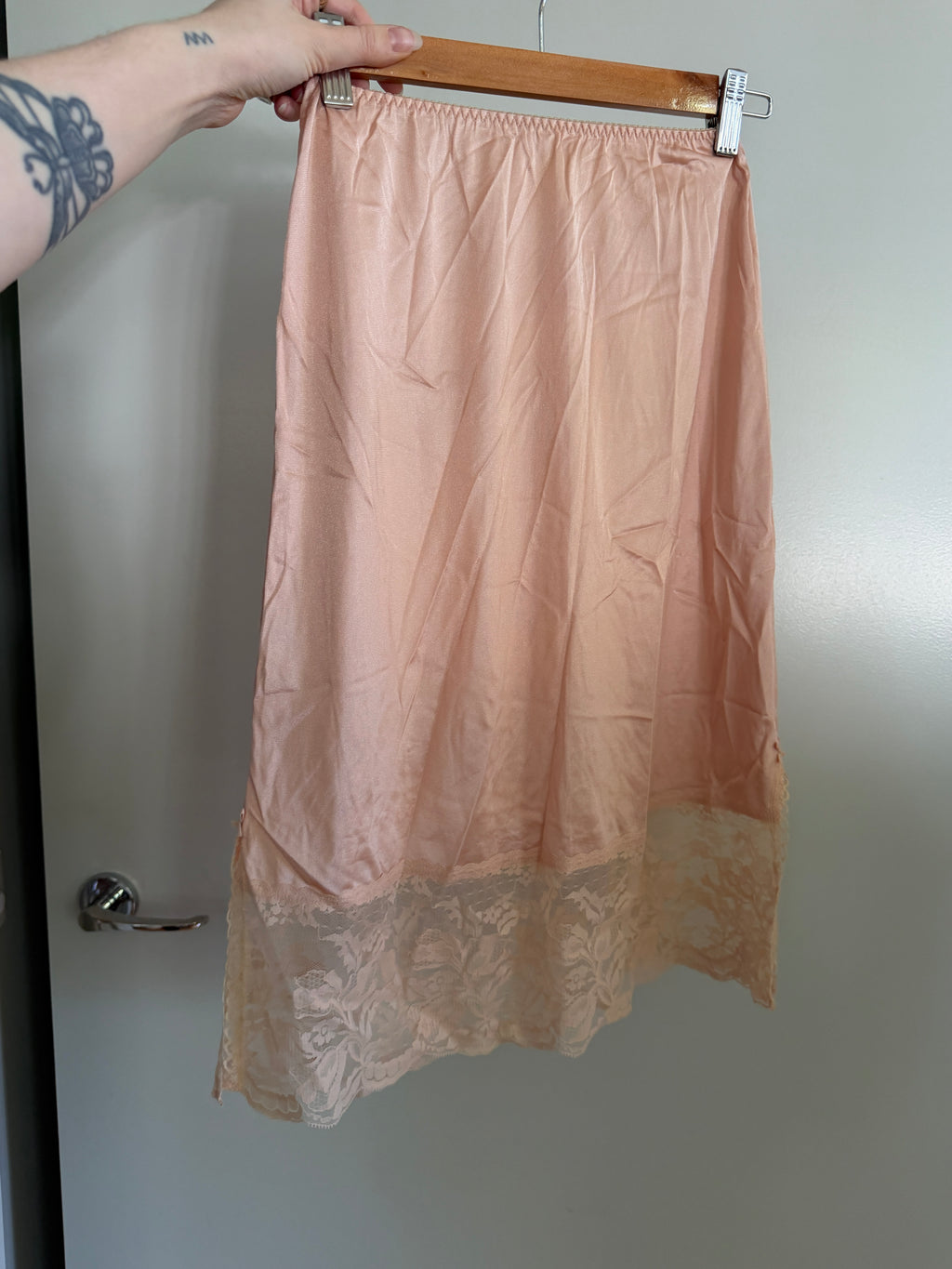 Blush Pink Slip Skirt with Lace Trim (XS–S)