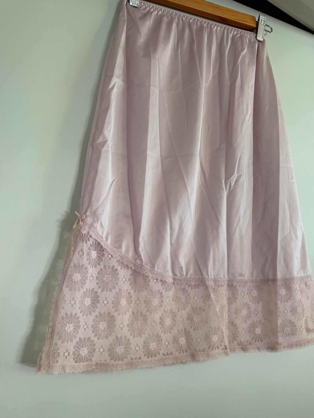 Blush Pink Midi Slip Skirt with Daisy Lace Hem (XS–S)