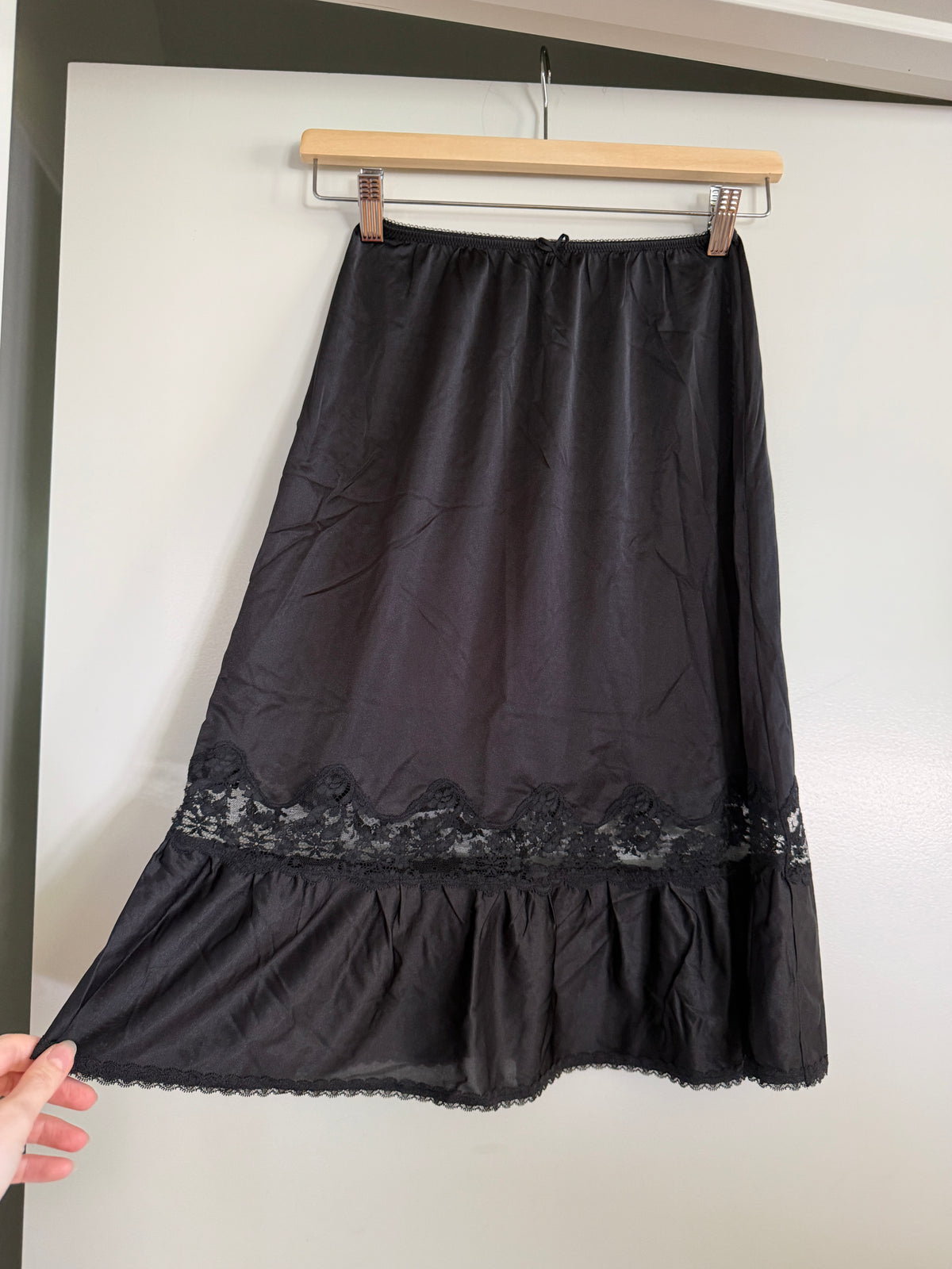 Black Midi Slip Skirt with Lace Ruffle Detail (S)