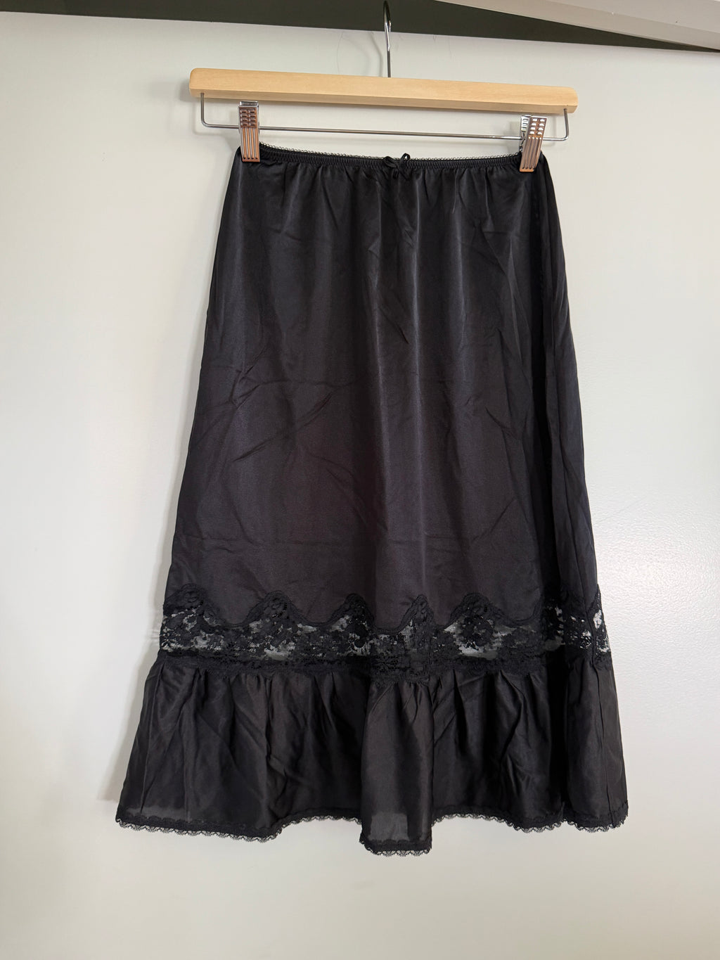 Black Midi Slip Skirt with Lace Ruffle Detail (S)