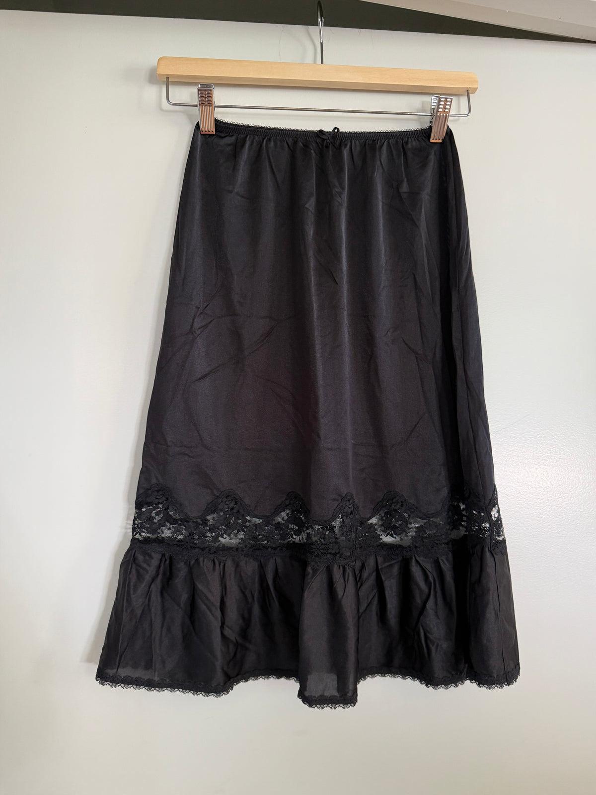Black Midi Slip Skirt with Lace Ruffle Detail (S)