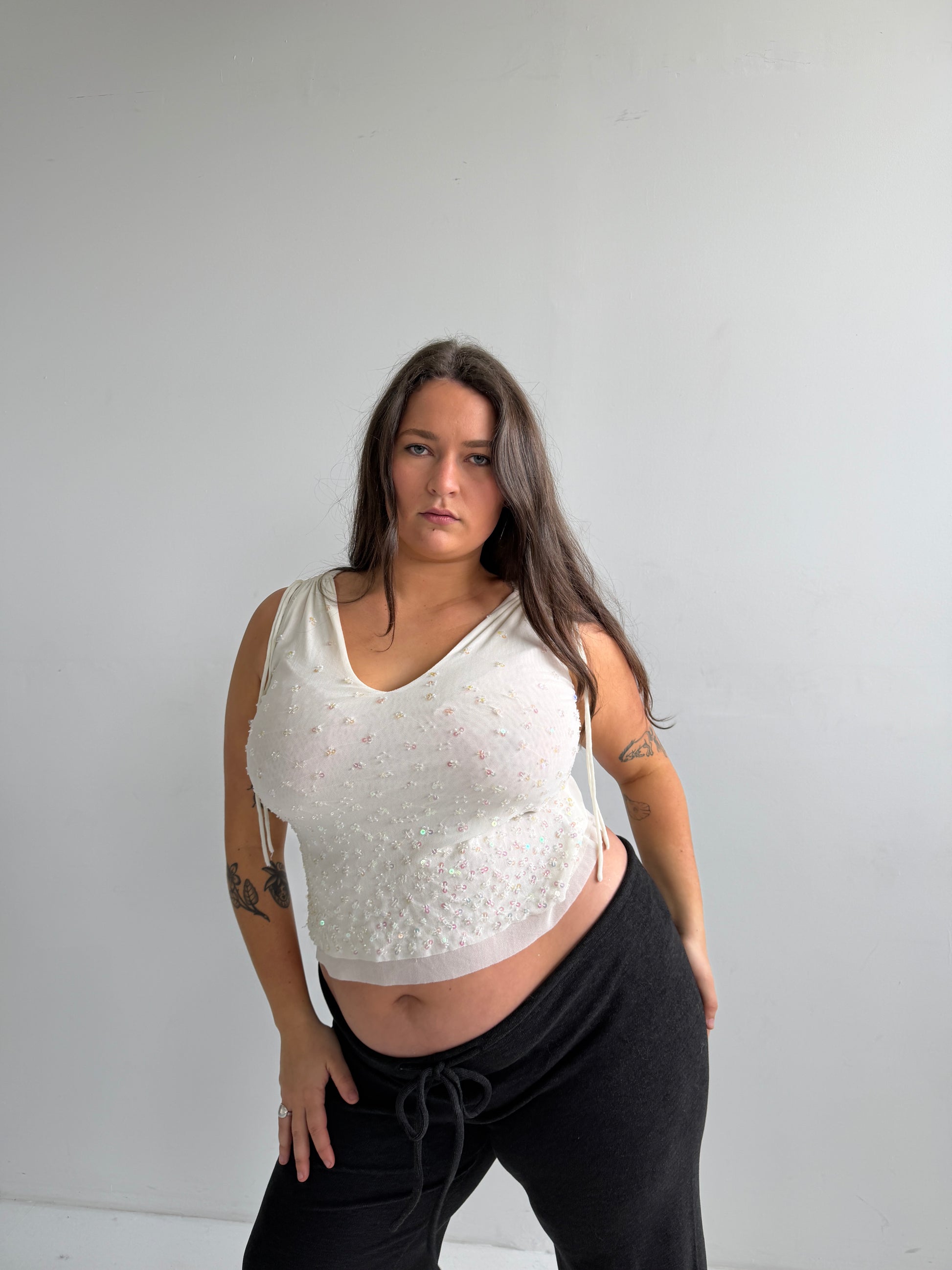 Vintage Y2K Cream Sequin Tie Strap Top (L/XL)