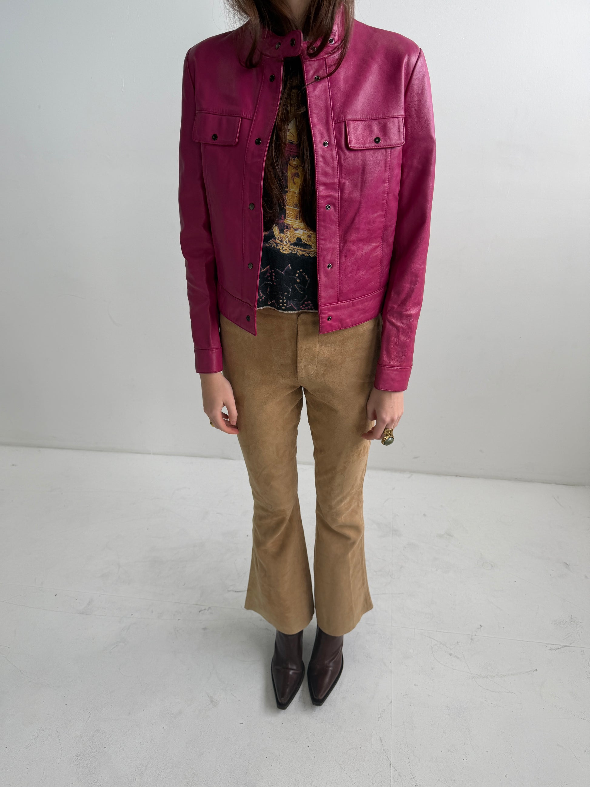 Tadashi Shoji Magenta Leather Riders Jacket (XS)