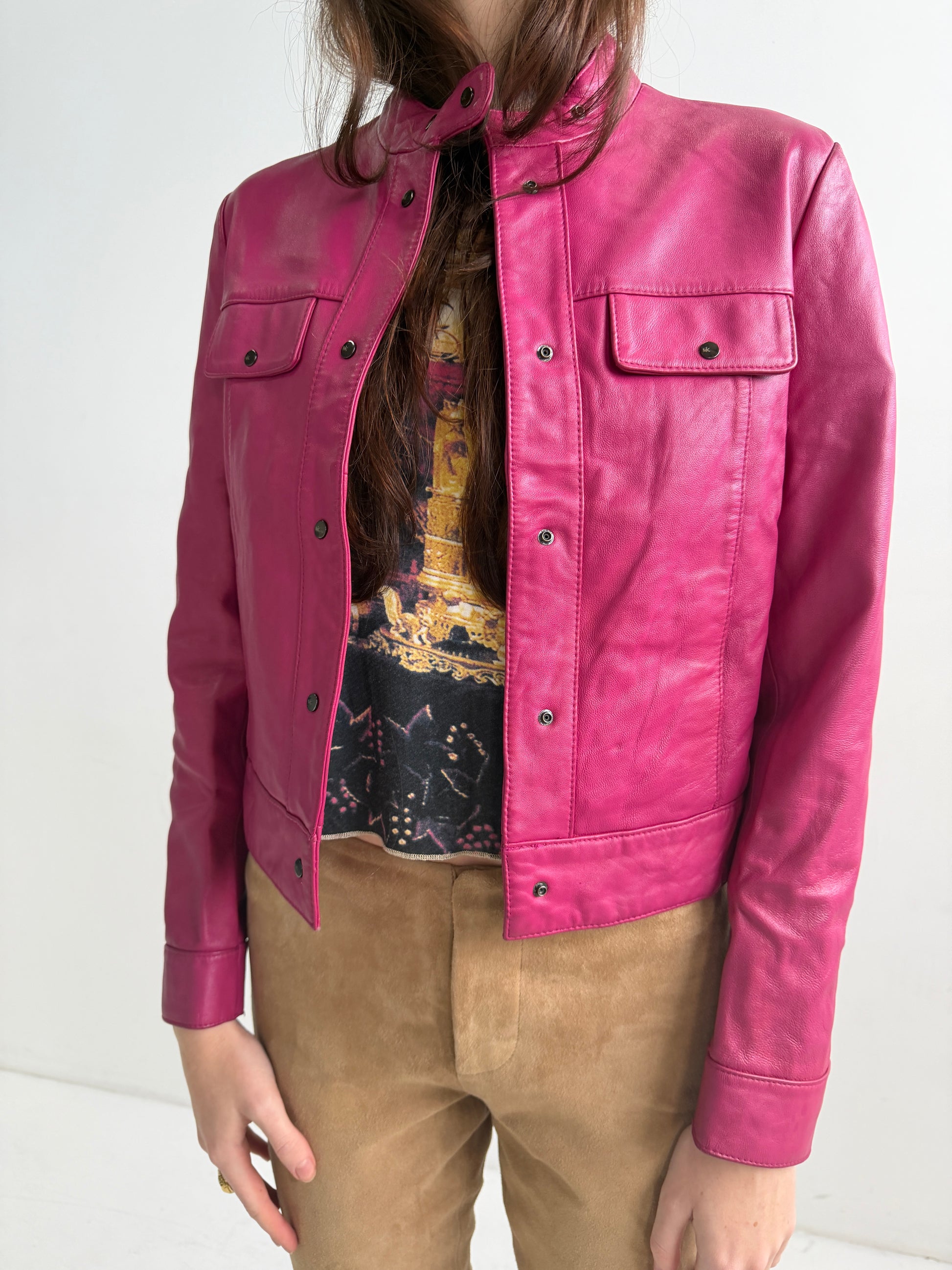 Tadashi Shoji Magenta Leather Riders Jacket (XS)