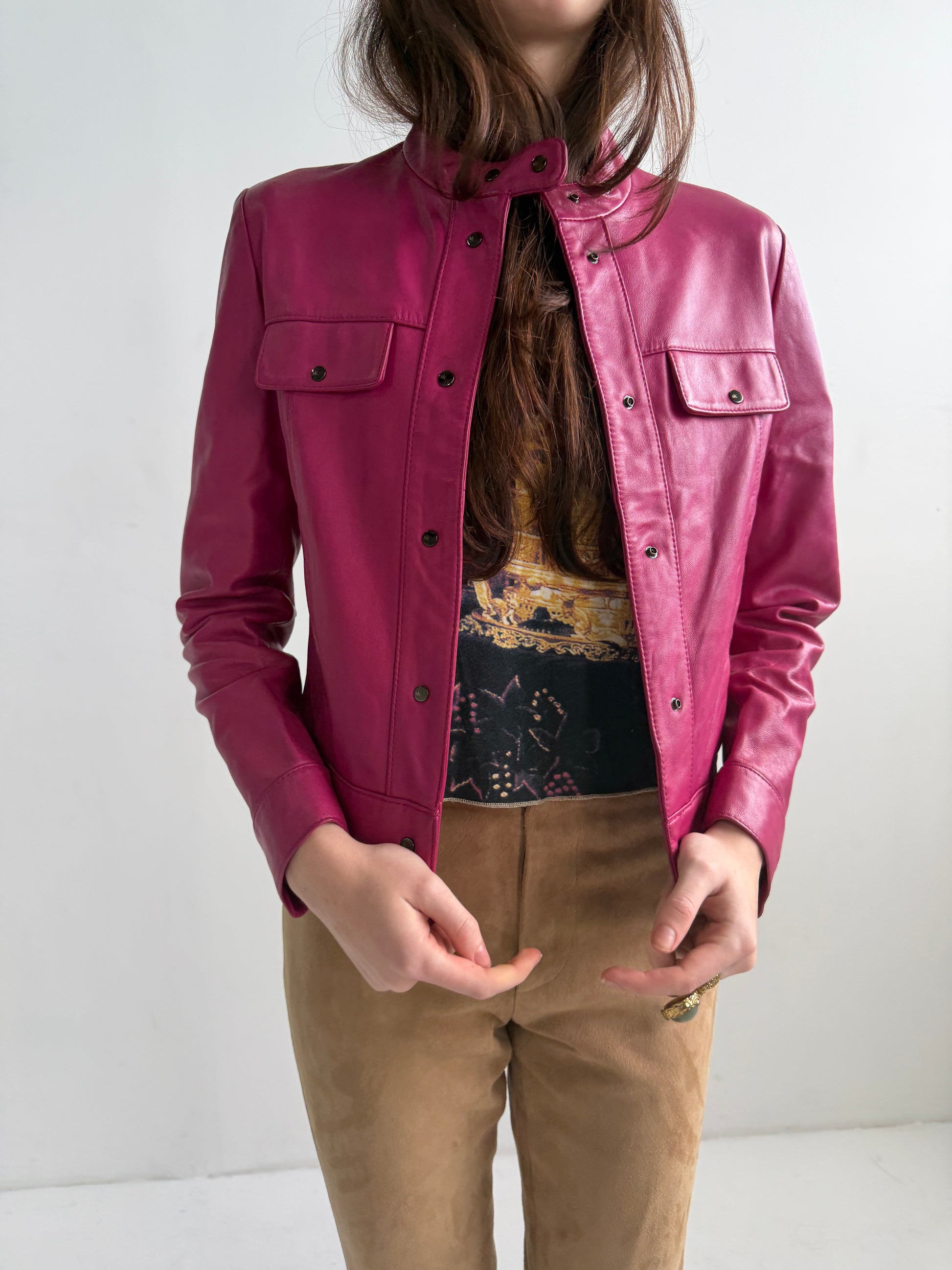 Tadashi Shoji Magenta Leather Riders Jacket (XS)