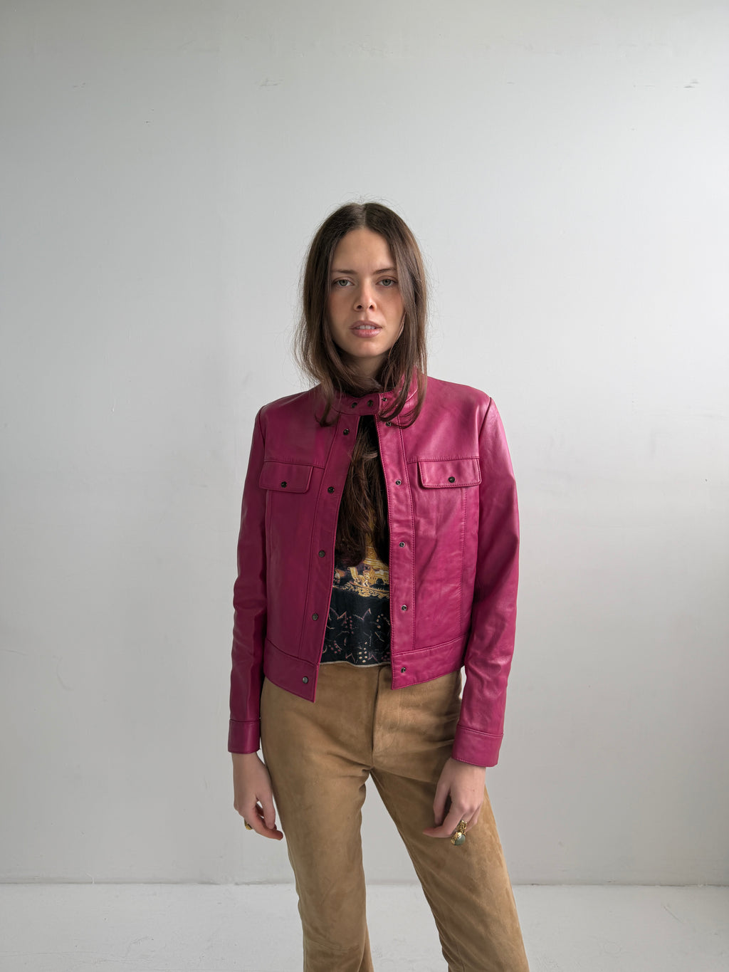 Tadashi Shoji Magenta Leather Riders Jacket (XS)