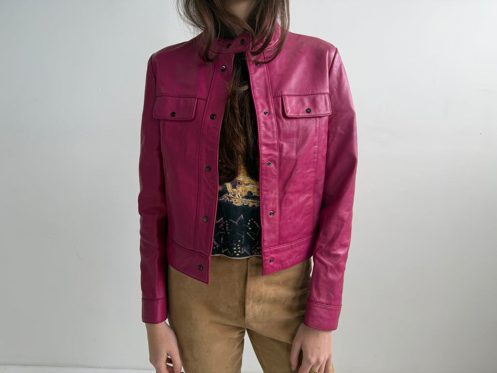 Tadashi Shoji Magenta Leather Riders Jacket (XS)
