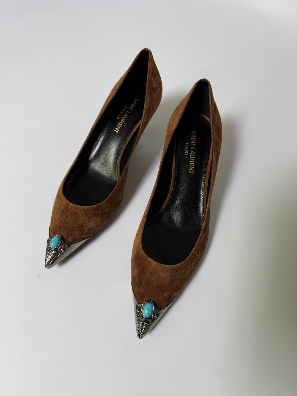 Saint Laurent Zoe Brown Suede Western Kitten Heel Pumps (38)