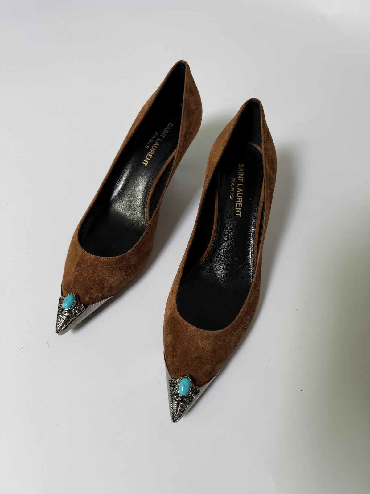 Saint Laurent Zoe Brown Suede Western Kitten Heel Pumps (38)