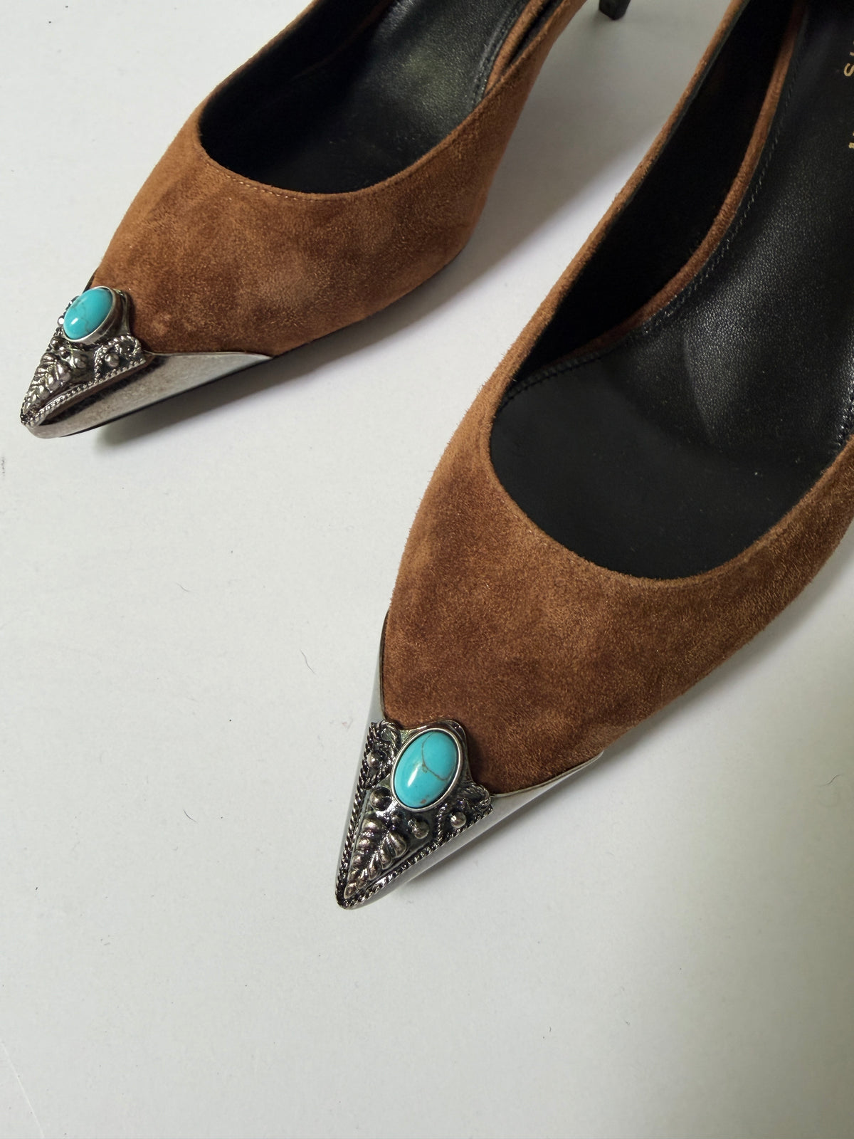 Saint Laurent Zoe Brown Suede Western Kitten Heel Pumps (38)