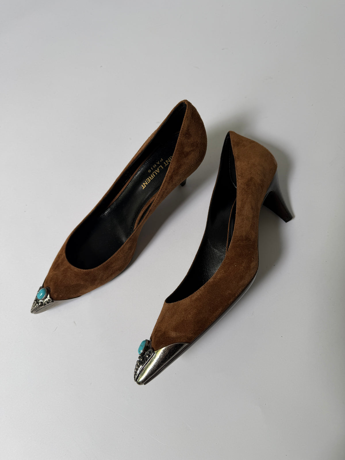Saint Laurent Zoe Brown Suede Western Kitten Heel Pumps (38)