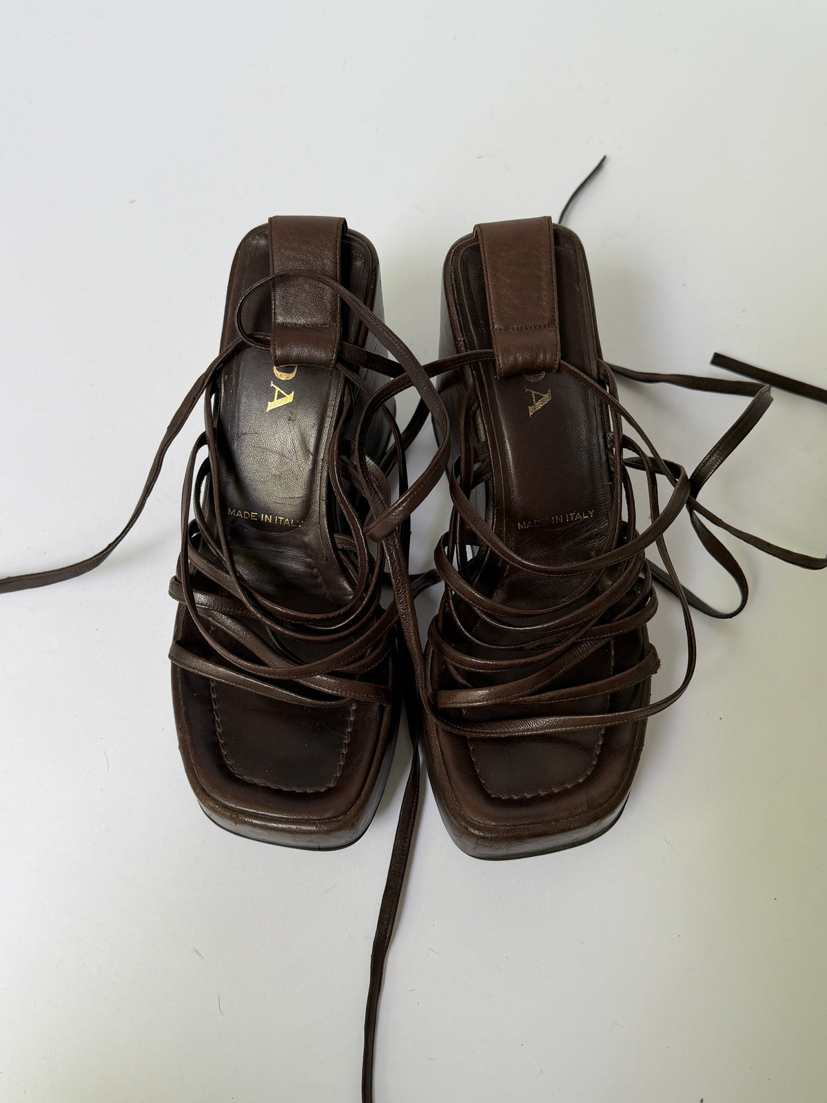 Prada Chocolate Brown Strappy Lace-Up Platform Sandals (37)