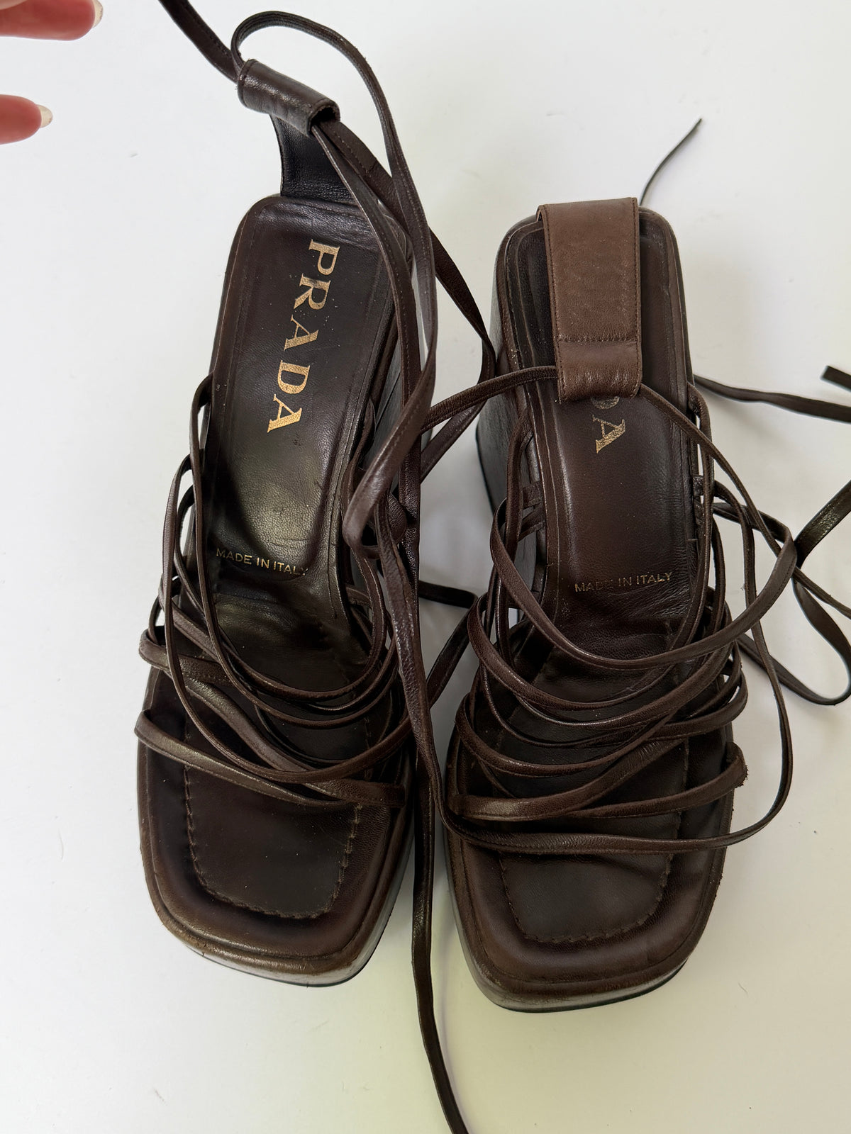Prada Chocolate Brown Strappy Lace-Up Platform Sandals (37)