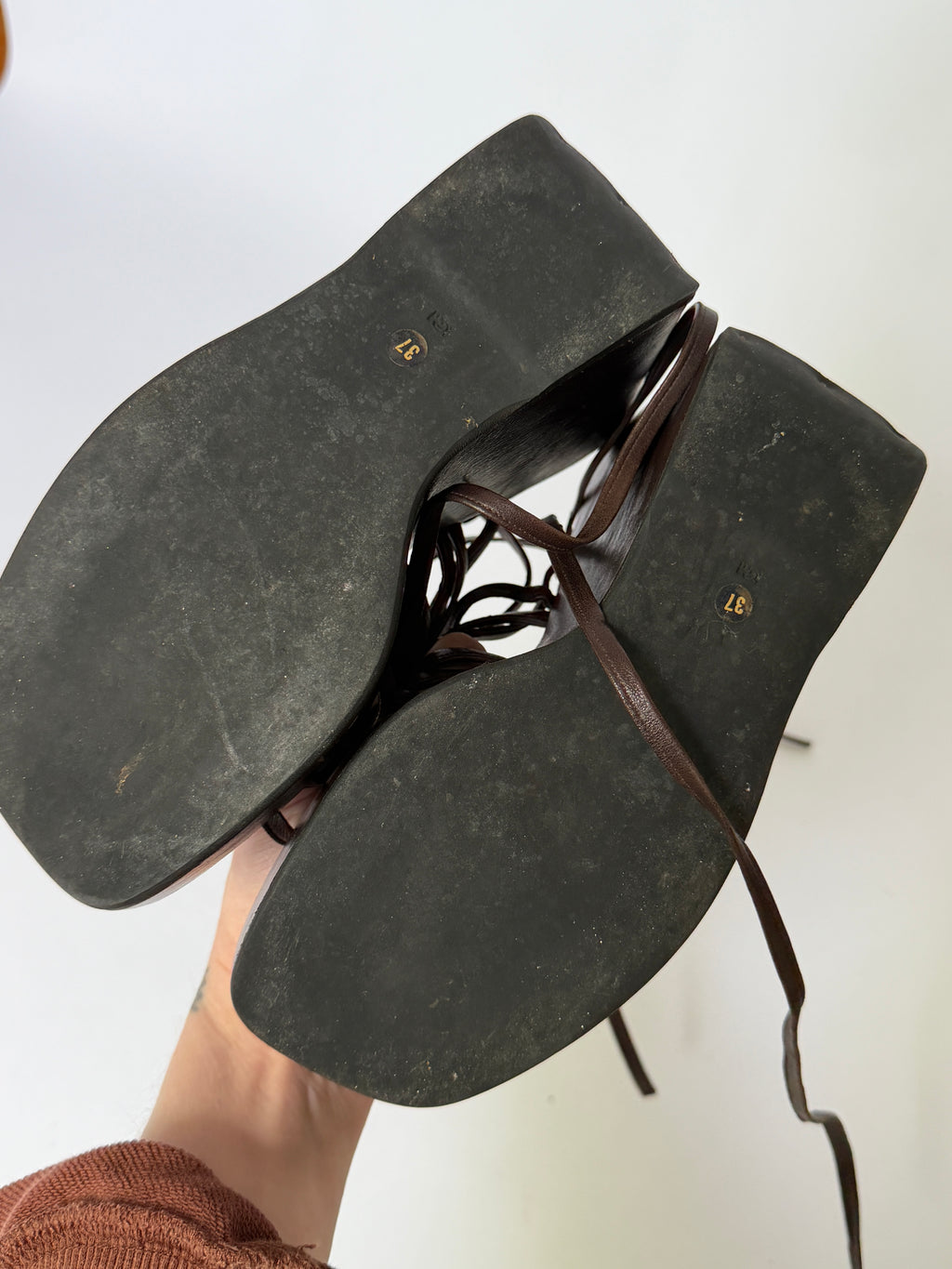 Prada Chocolate Brown Strappy Lace-Up Platform Sandals (37)