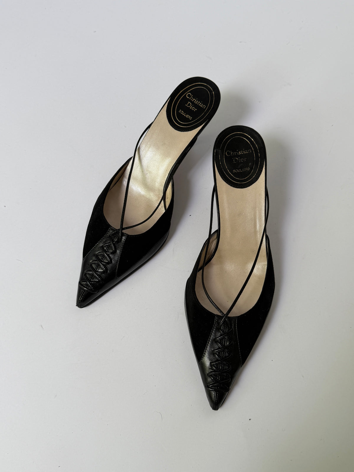 Christian Dior Souliers Black Leather Pointed-Toe Slingback Kitten Heels (38.5)