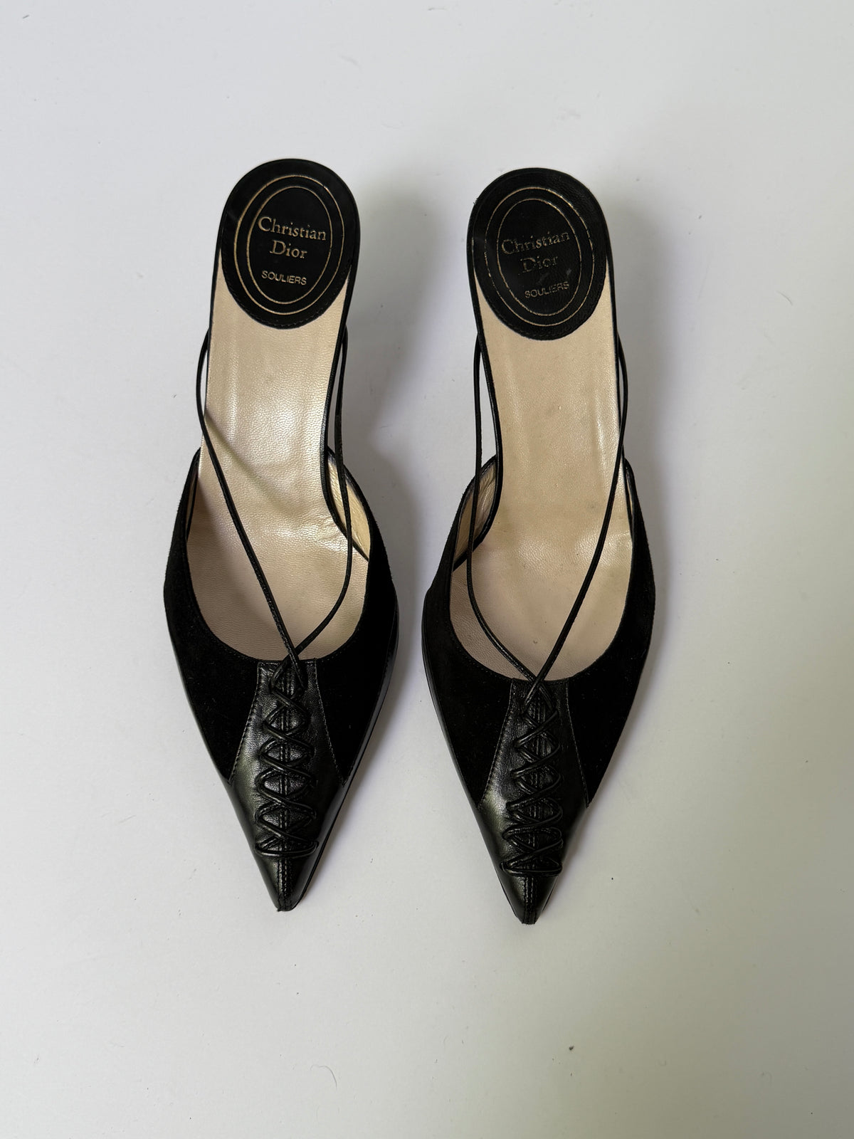 Christian Dior Souliers Black Leather Pointed-Toe Slingback Kitten Heels (38.5)