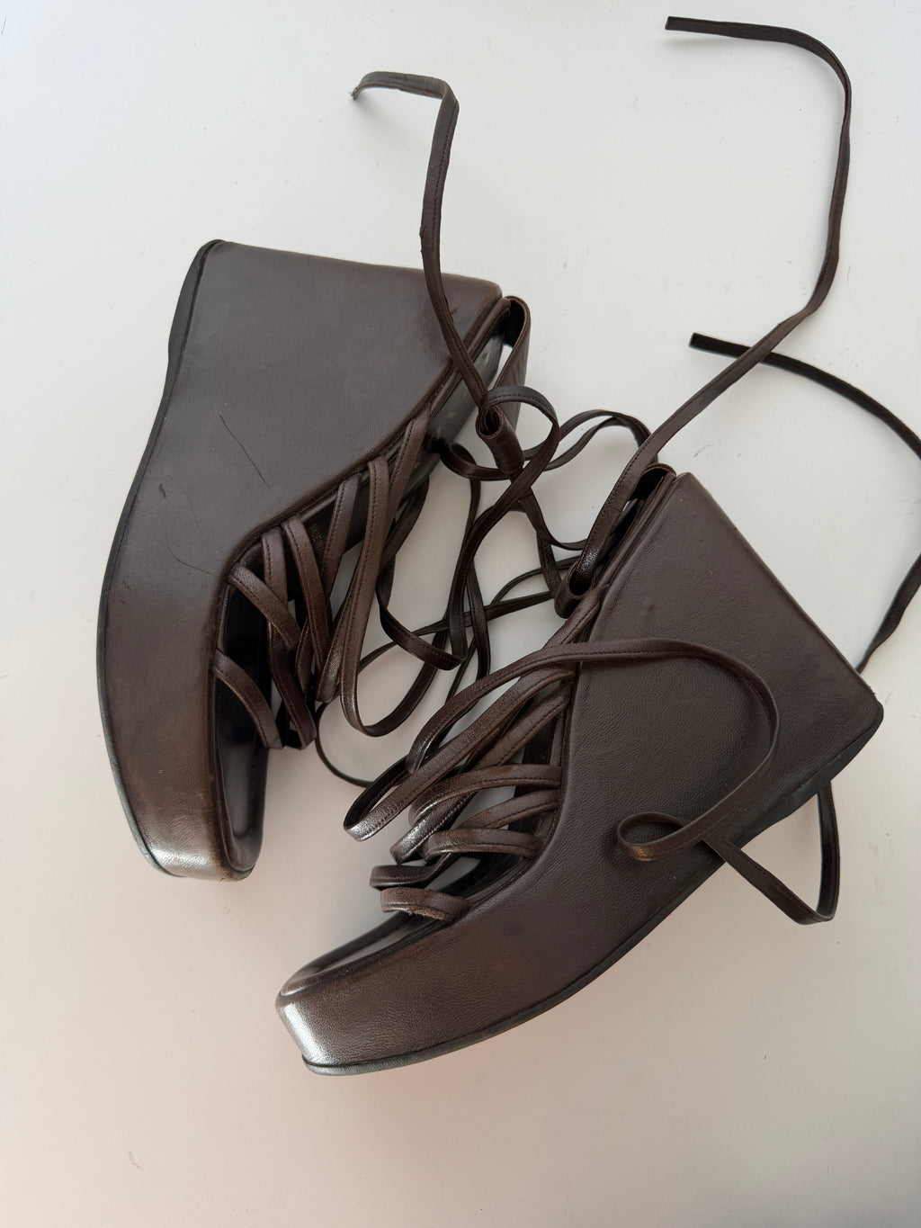 Prada Chocolate Brown Strappy Lace-Up Platform Sandals (37)