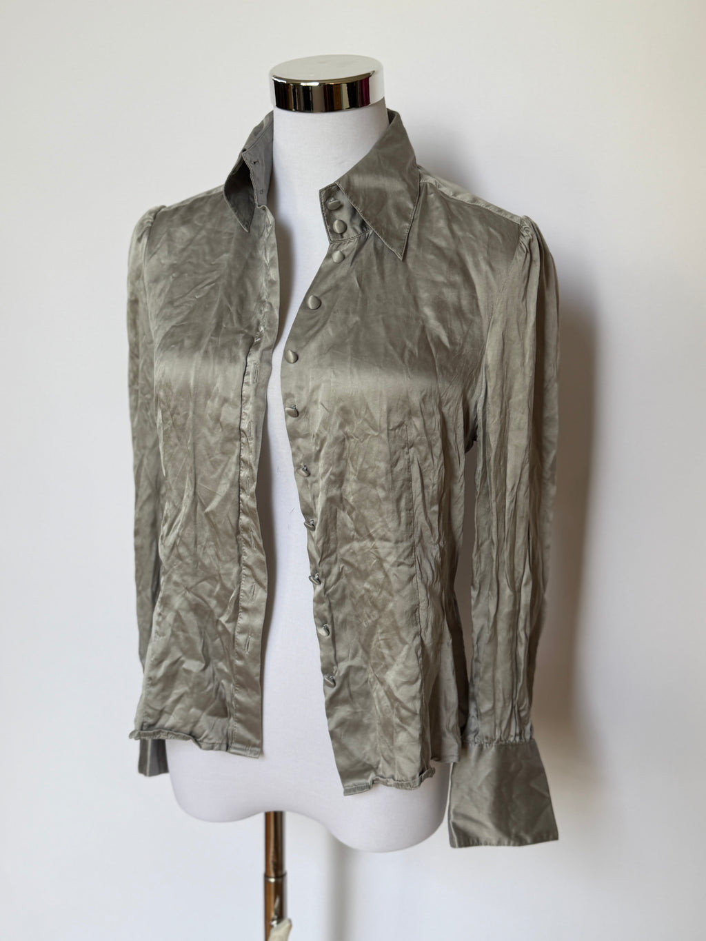 Vintage 90s Silver Grey Silk Satin Blouse (XS)