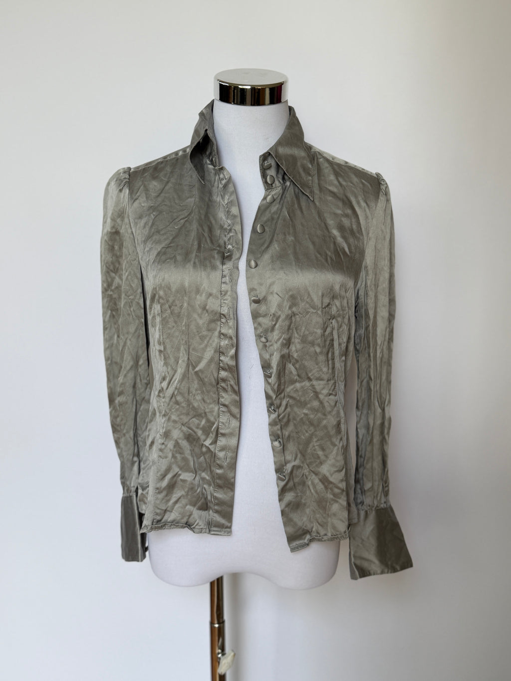 Vintage 90s Silver Grey Silk Satin Blouse (XS)