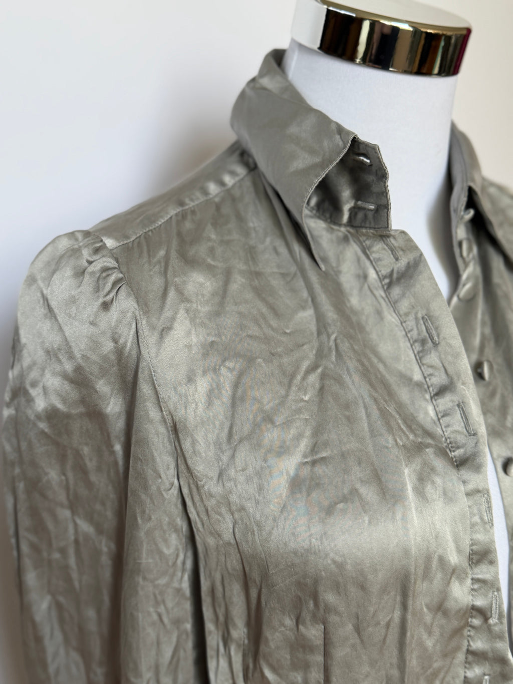 Vintage 90s Silver Grey Silk Satin Blouse (XS)