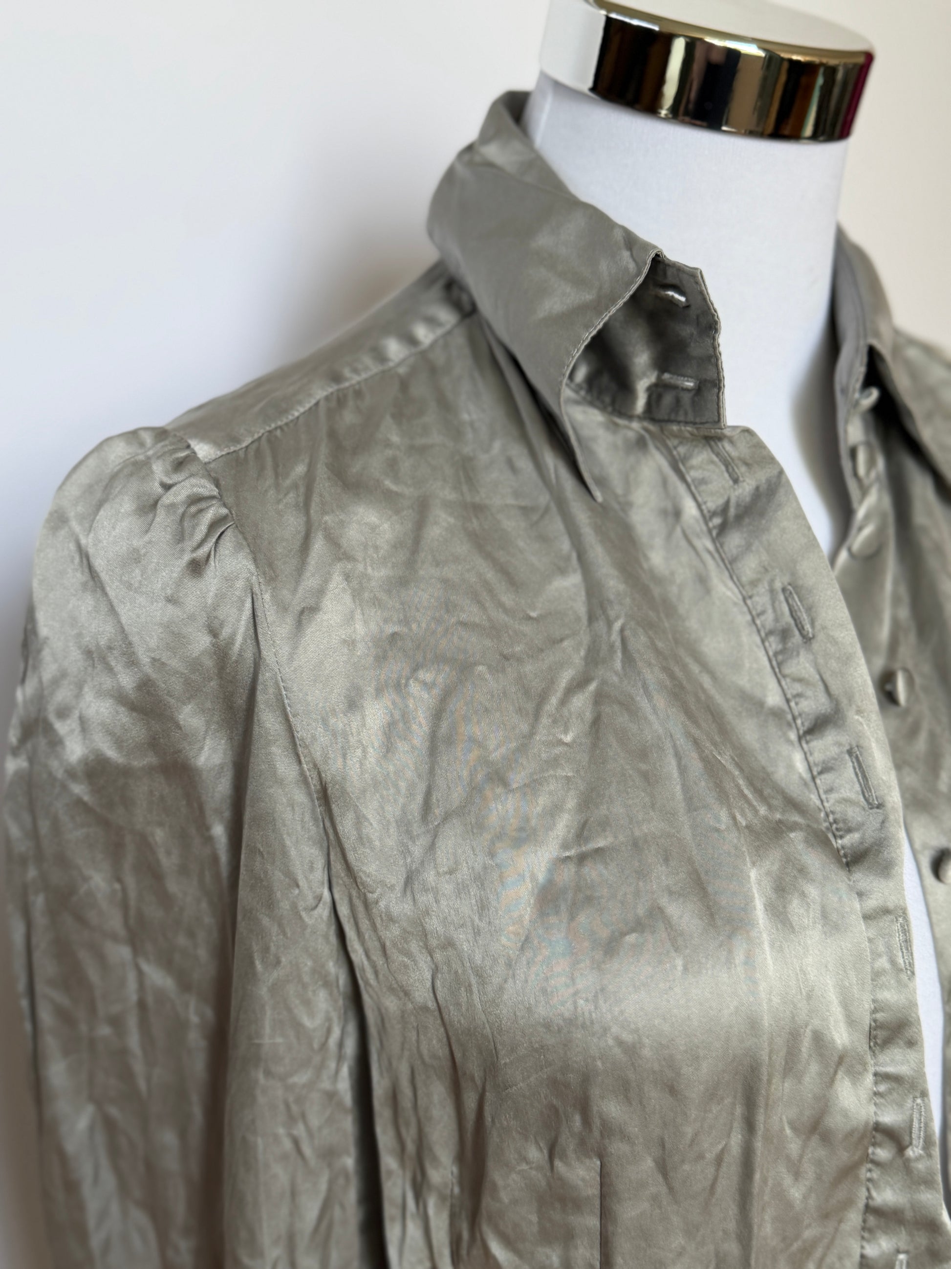 Vintage 90s Silver Grey Silk Satin Blouse (XS)