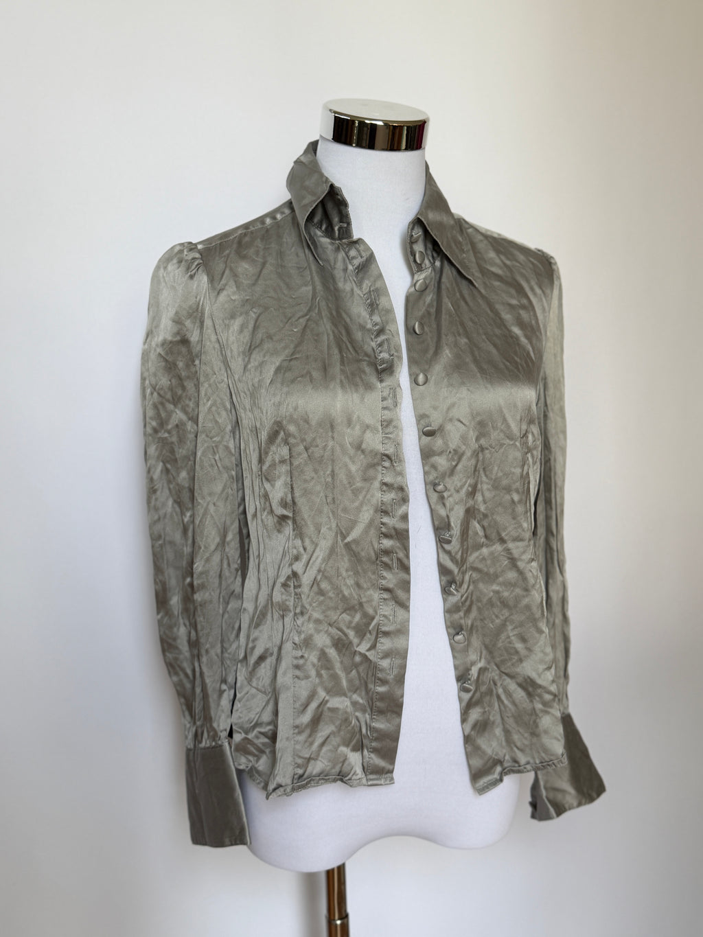 Vintage 90s Silver Grey Silk Satin Blouse (XS)