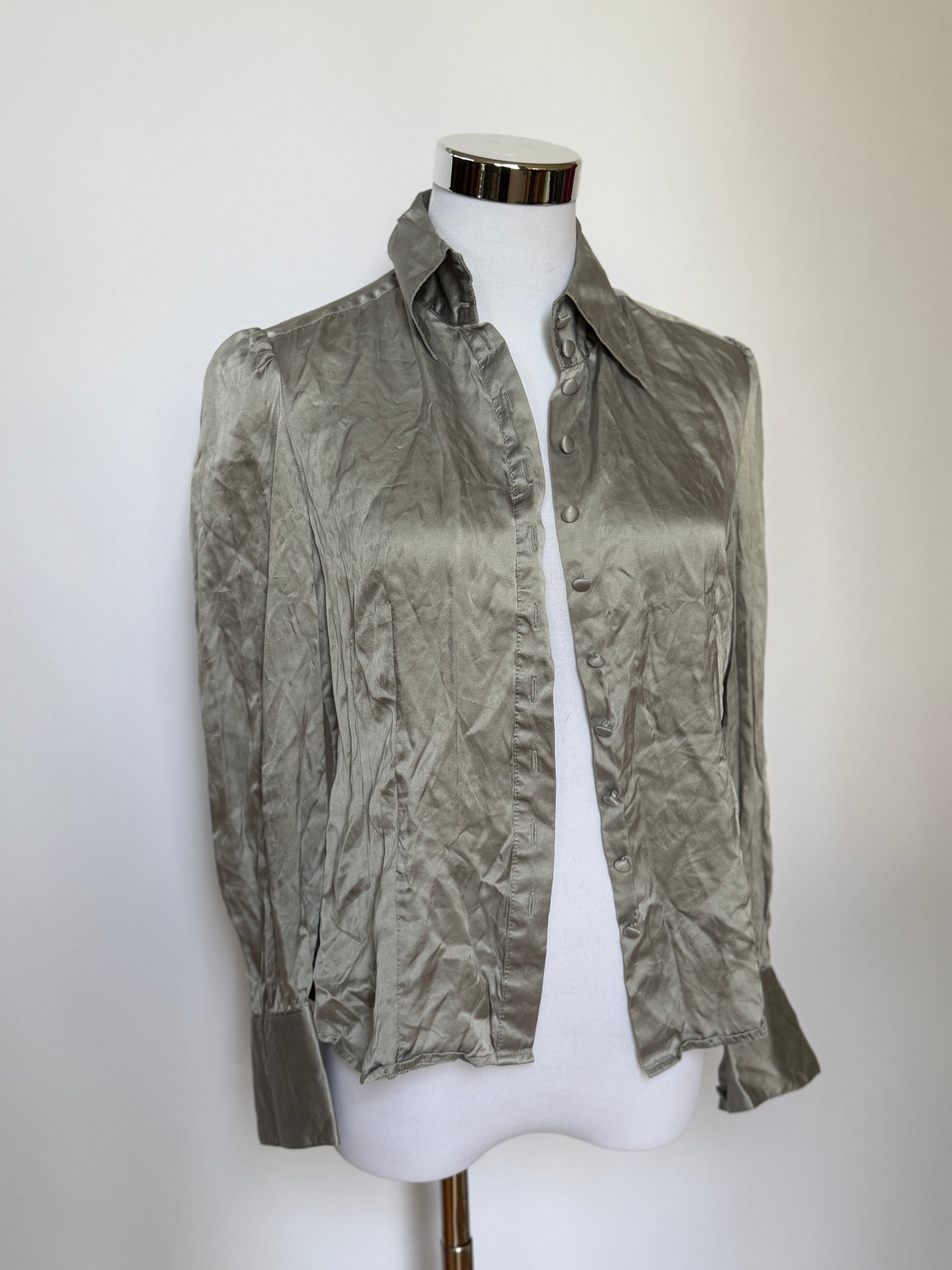 Vintage 90s Silver Grey Silk Satin Blouse (XS)