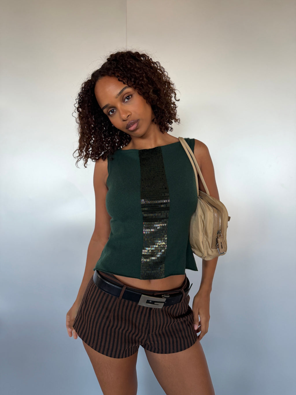 Novespazio Vintage Green Cashmere Beaded Sleeveless Knit Top (XS-M)