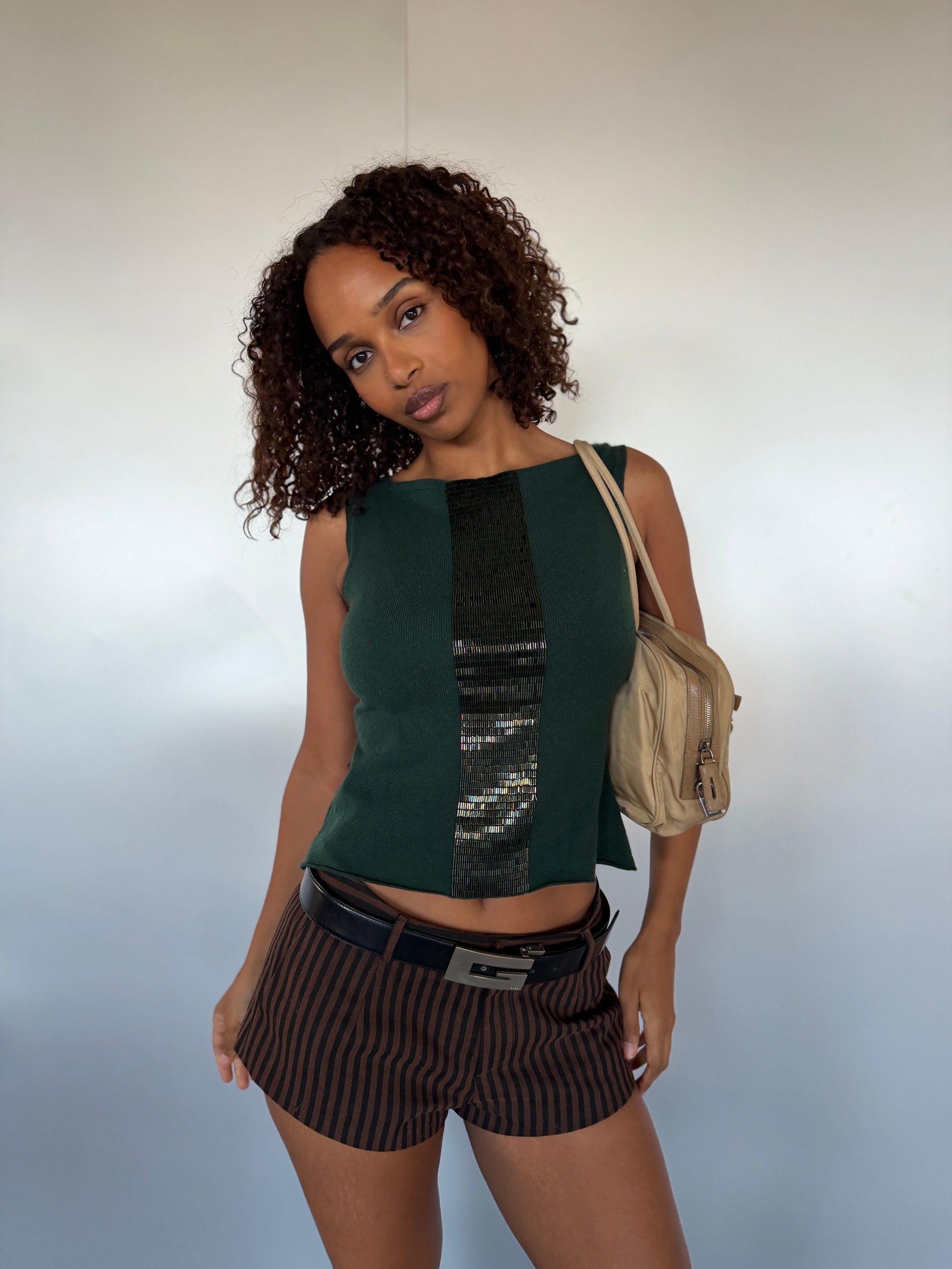 Novespazio Vintage Green Cashmere Beaded Sleeveless Knit Top (XS-M)