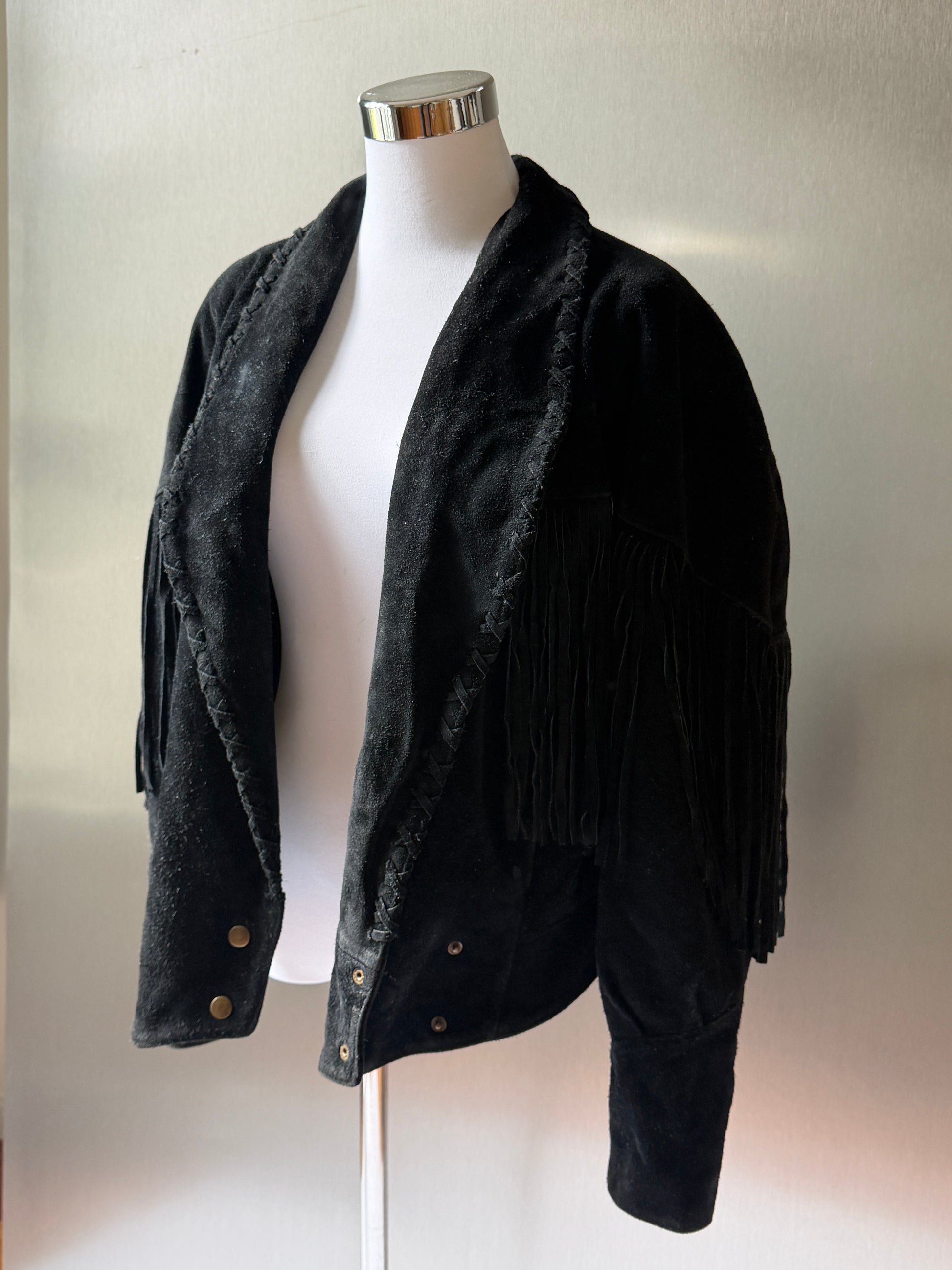 Vintage Learsi Black Suede Fringe Jacket with Silver Embellishments (XS-XL)