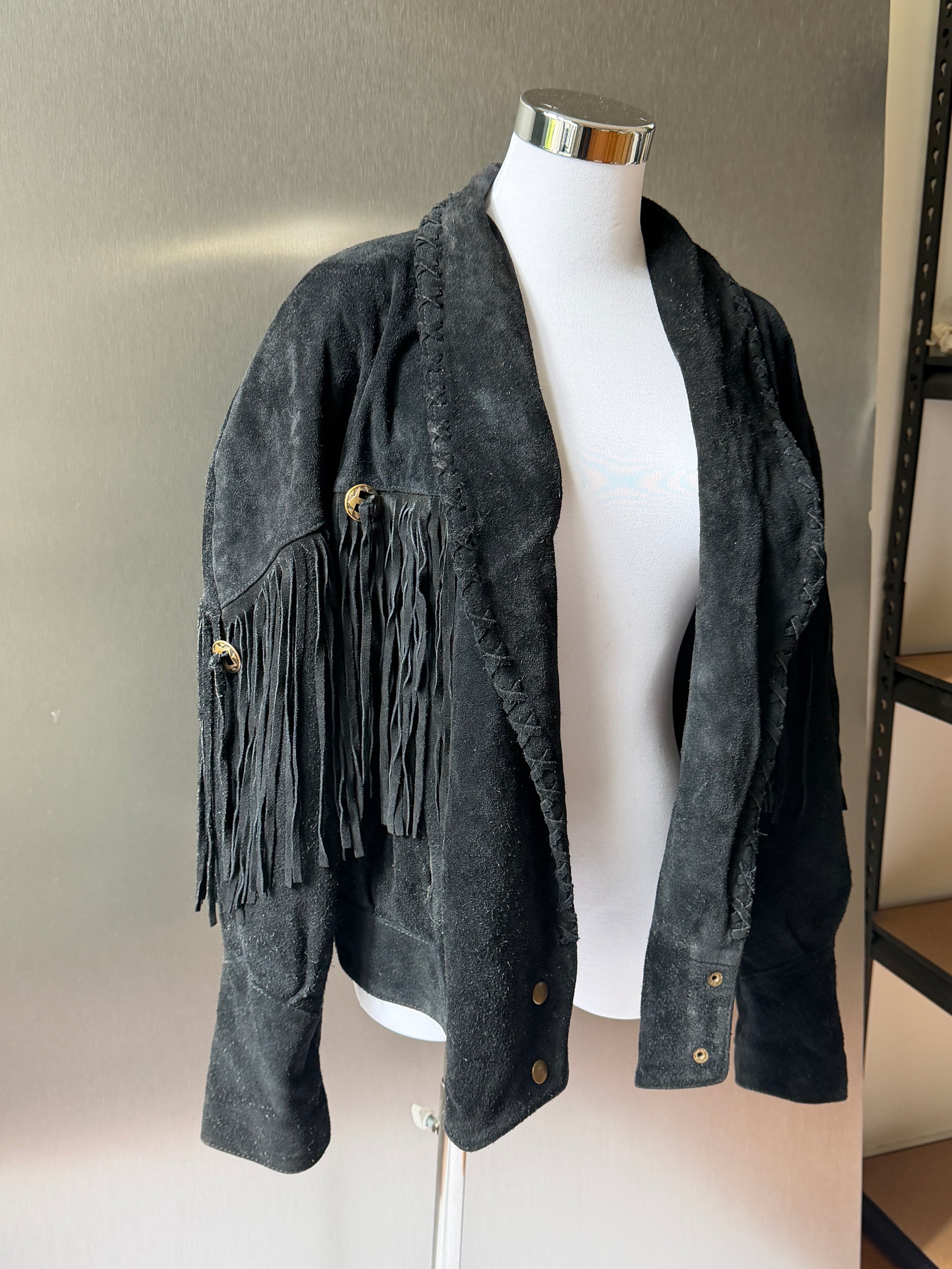 Vintage Learsi Black Suede Fringe Jacket with Silver Embellishments (XS-XL)