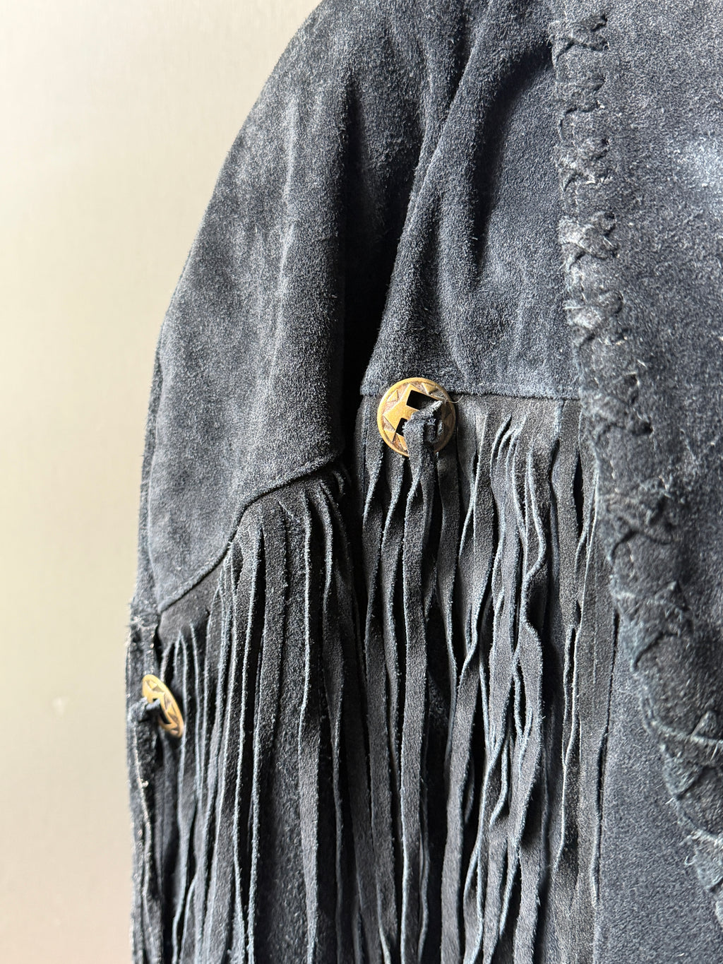Vintage Learsi Black Suede Fringe Jacket with Silver Embellishments (XS-XL)