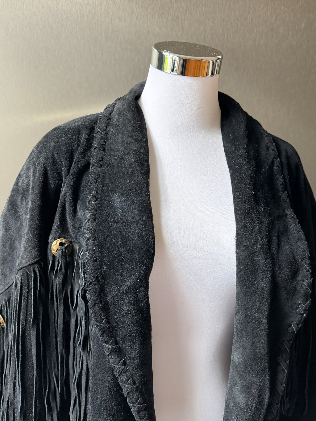 Vintage Learsi Black Suede Fringe Jacket with Silver Embellishments (XS-XL)