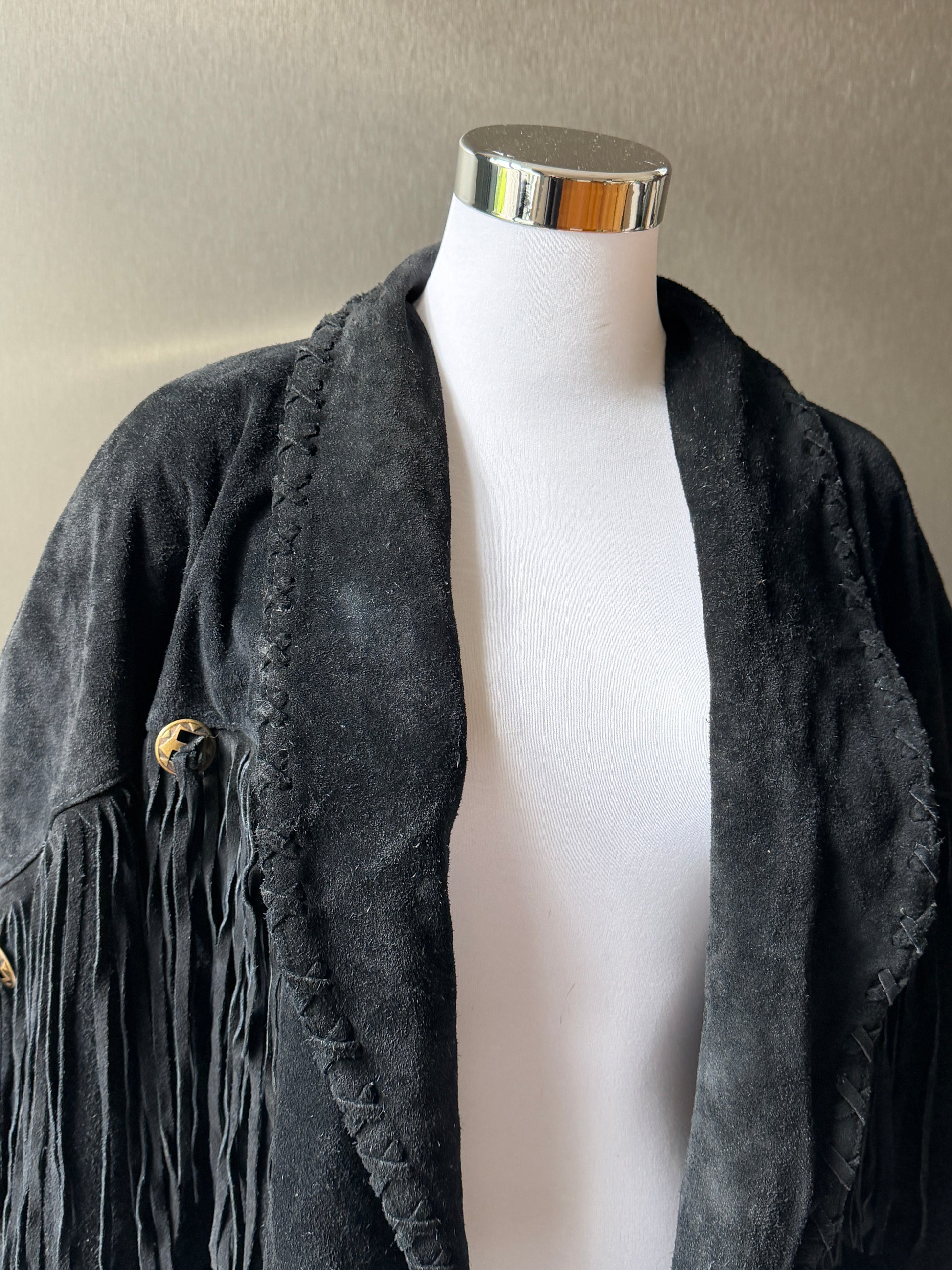Vintage Learsi Black Suede Fringe Jacket with Silver Embellishments (XS-XL)
