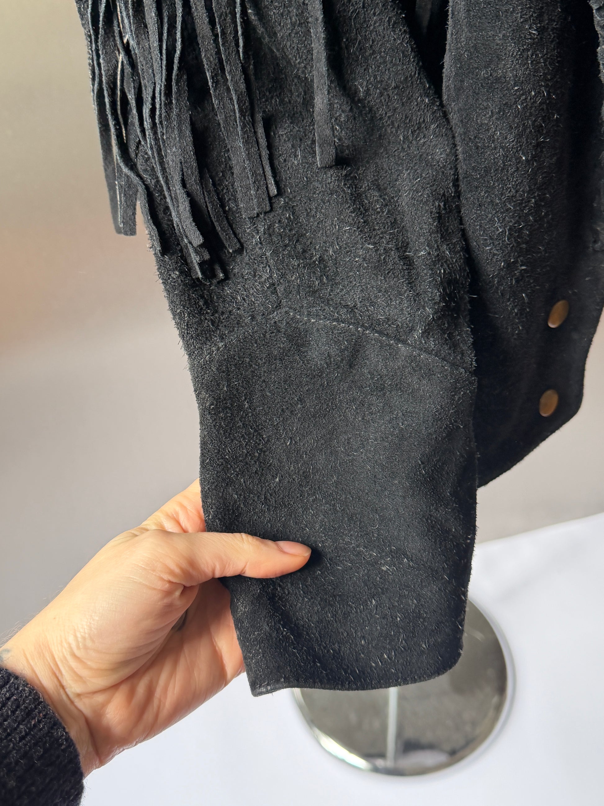 Vintage Learsi Black Suede Fringe Jacket with Silver Embellishments (XS-XL)