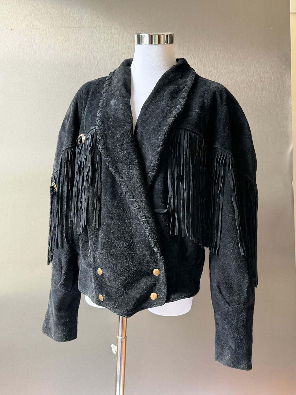 Vintage Learsi Black Suede Fringe Jacket with Silver Embellishments (XS-XL)
