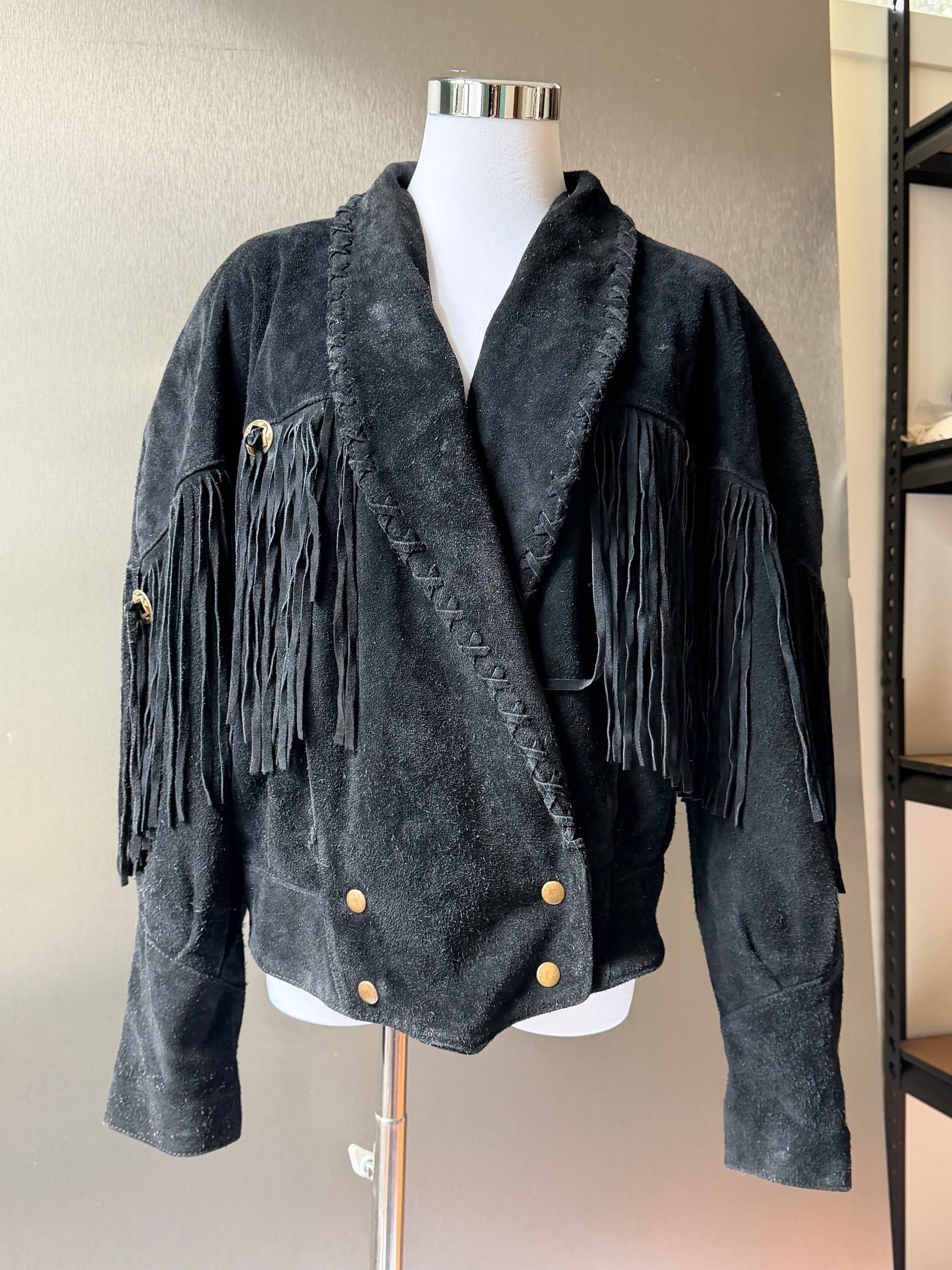 Vintage Learsi Black Suede Fringe Jacket with Silver Embellishments (XS-XL)