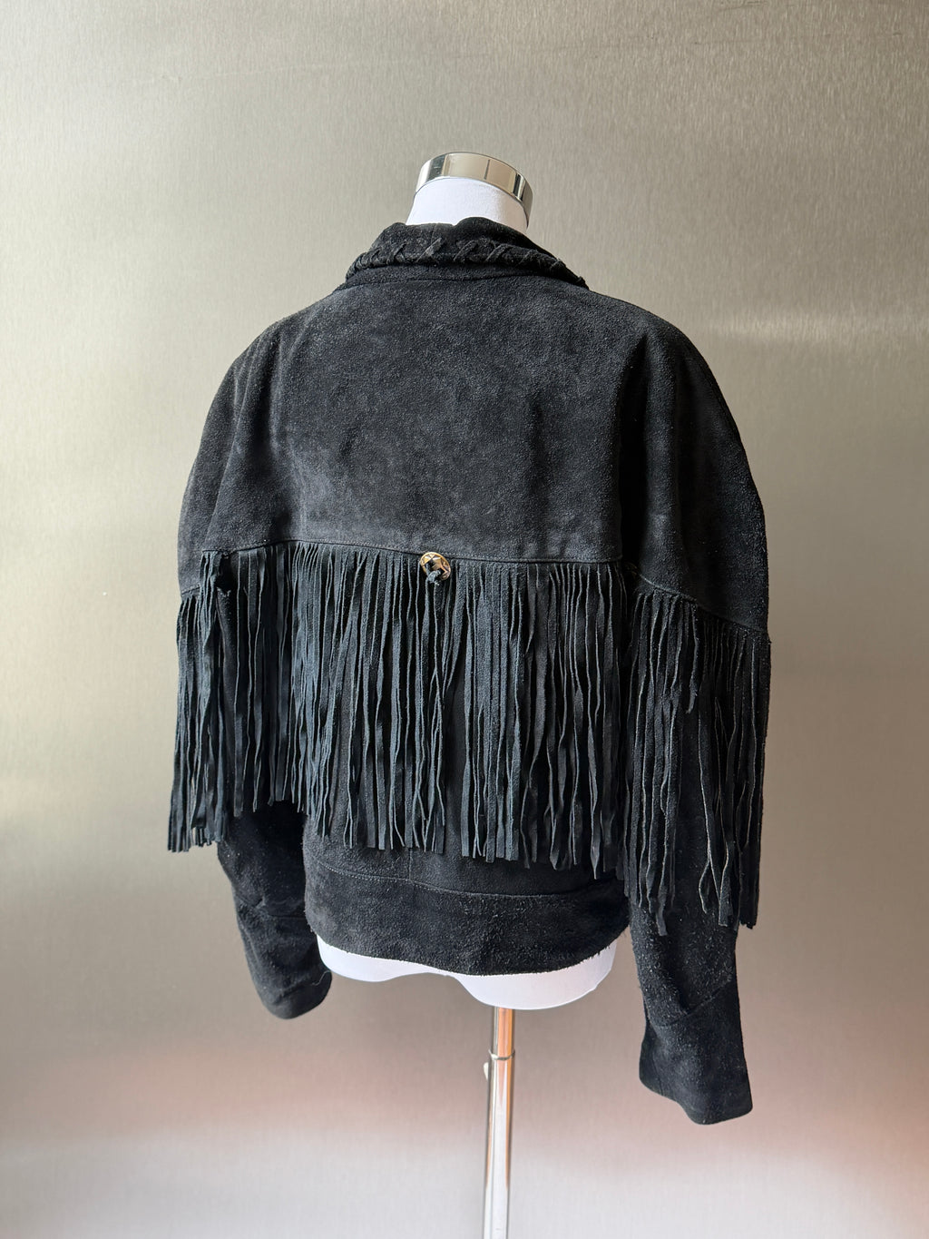 Vintage Learsi Black Suede Fringe Jacket with Silver Embellishments (XS-XL)