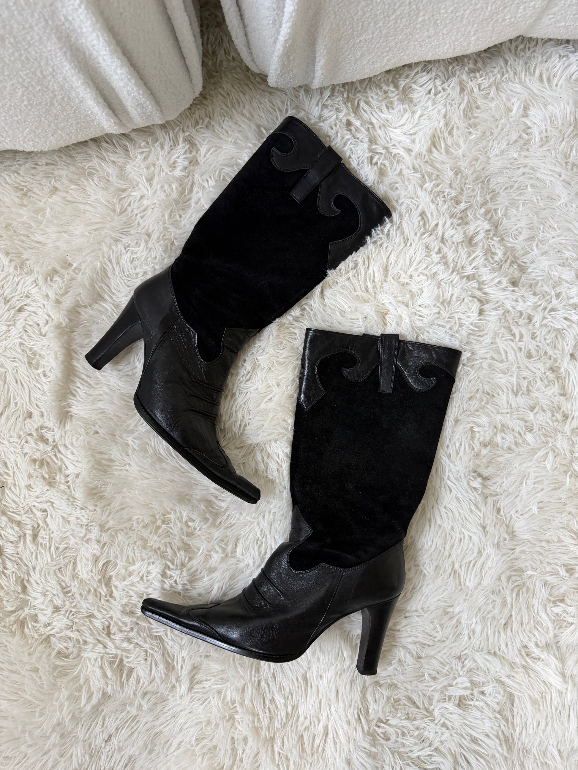 Leather Suede Western Boots — Black
