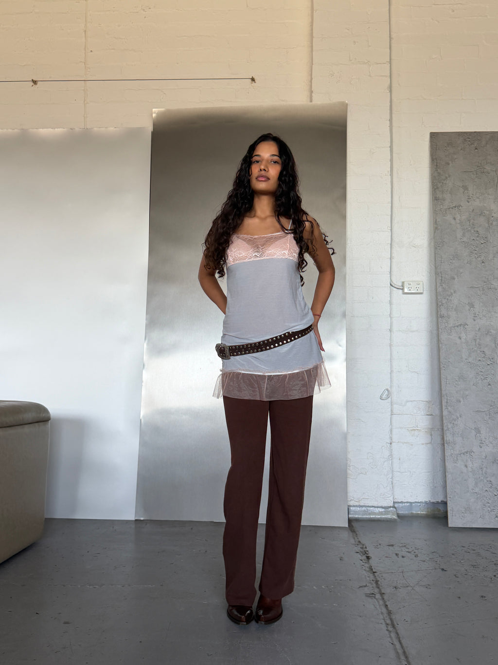 Deadstock Grey and Pink Lace Slip (XS-M)