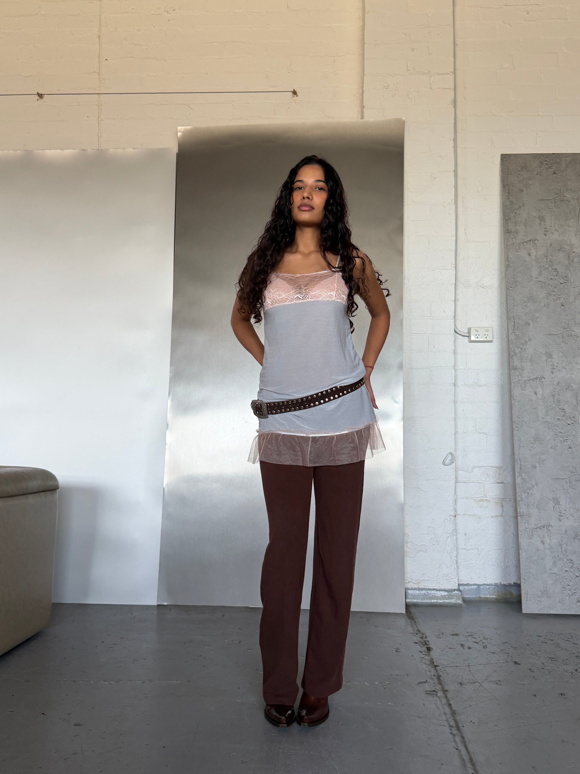 Deadstock Grey and Pink Lace Slip (XS-M)