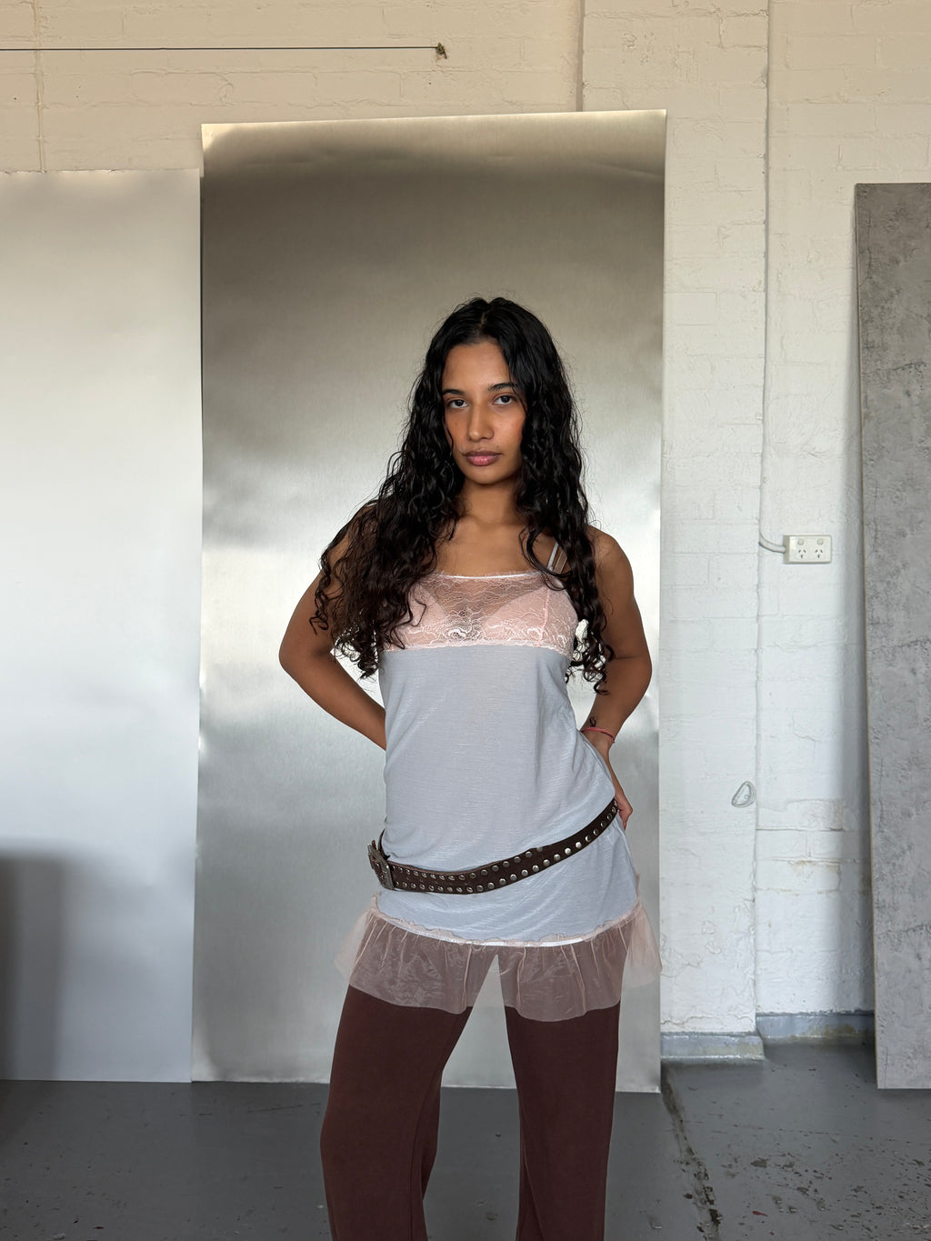 Deadstock Grey and Pink Lace Slip (XS-M)