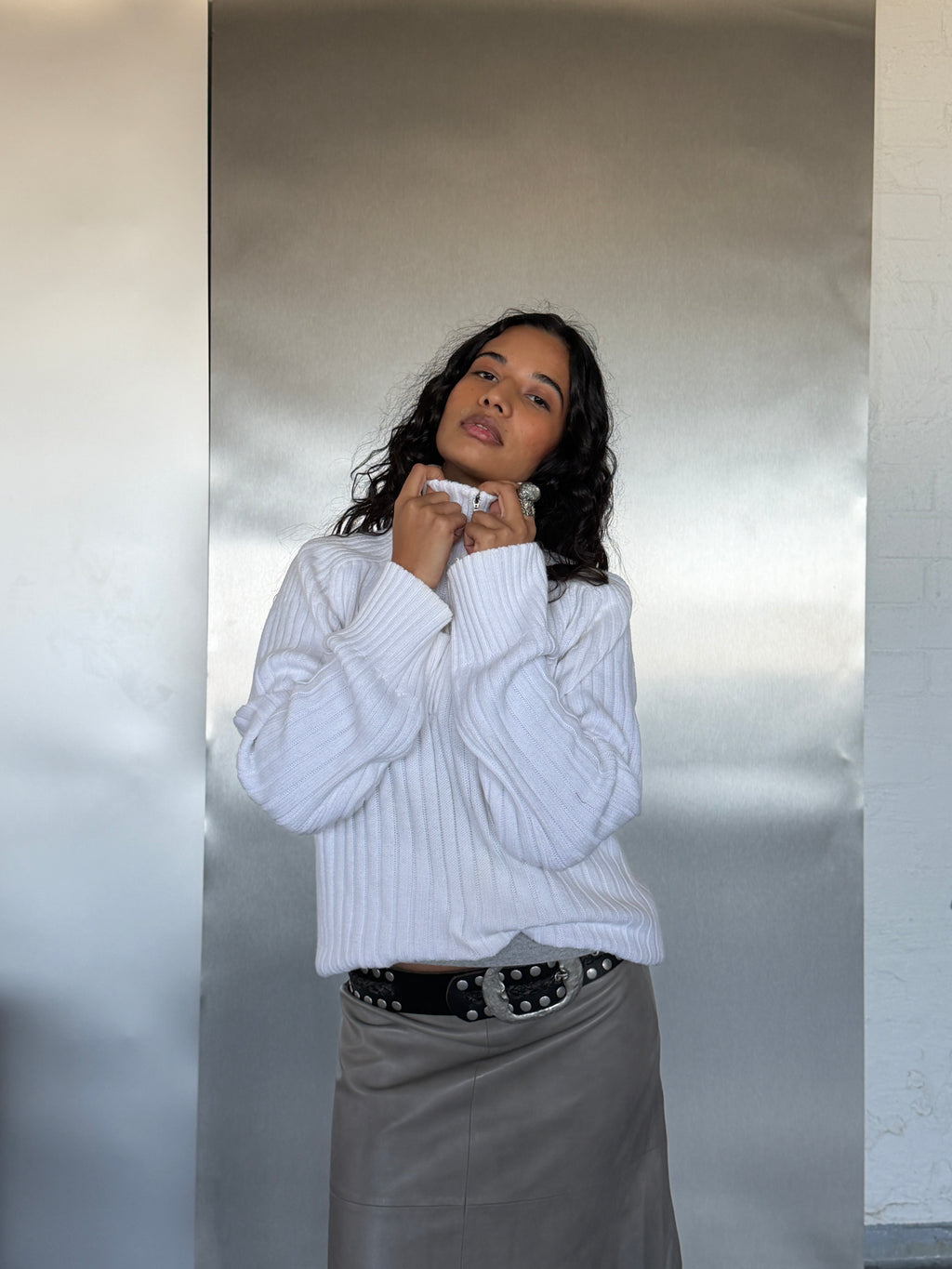 Vintage Calvin Klein White Ribbed Quarter-Zip Sweater (XL/XXL)