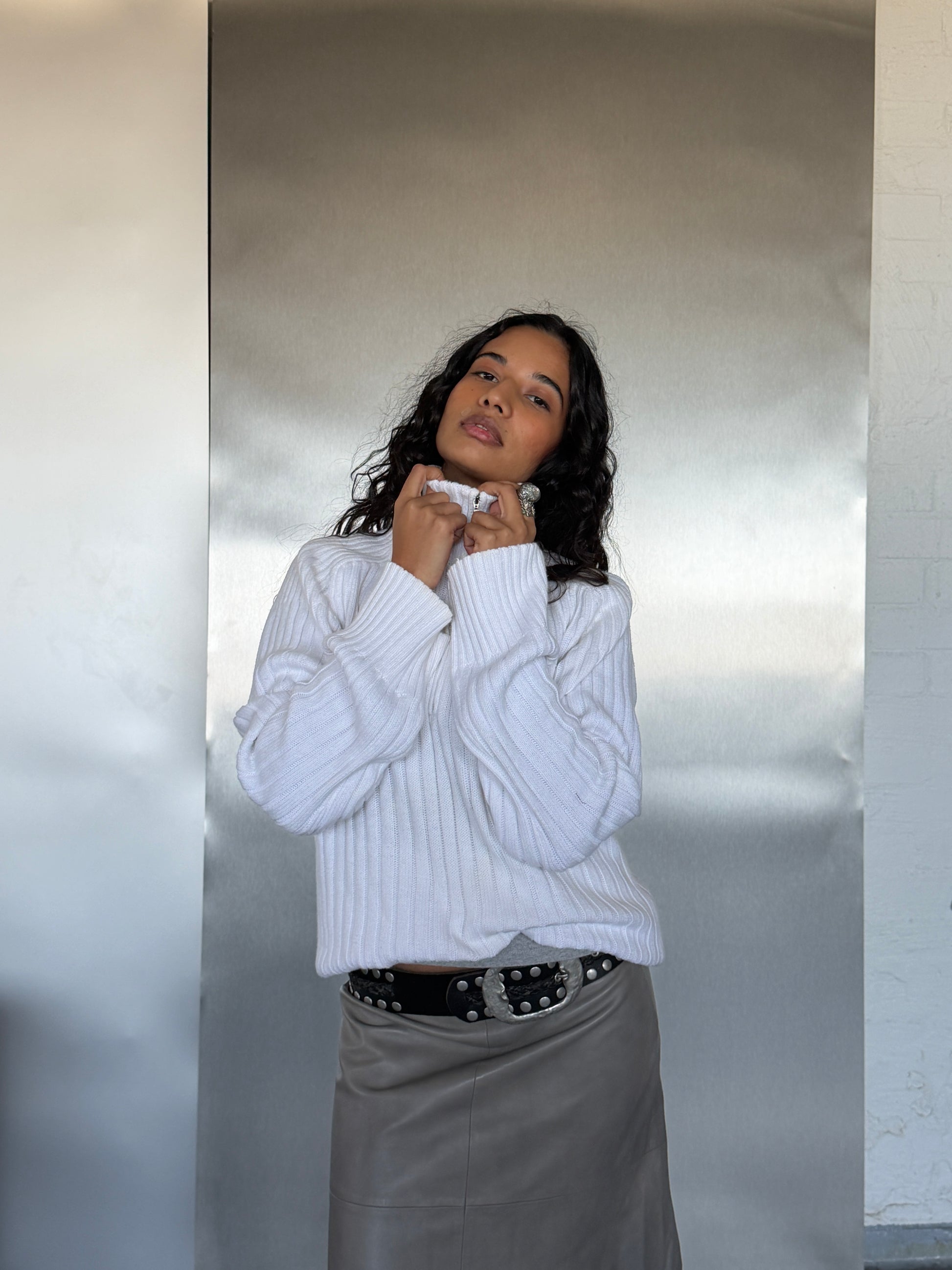 Vintage Calvin Klein White Ribbed Quarter-Zip Sweater (XL/XXL)