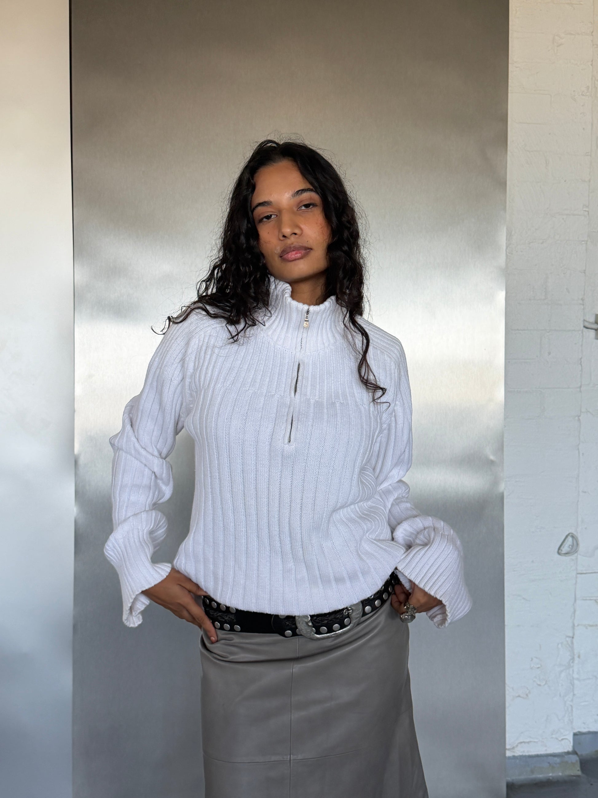 Vintage Calvin Klein White Ribbed Quarter-Zip Sweater (XL/XXL)