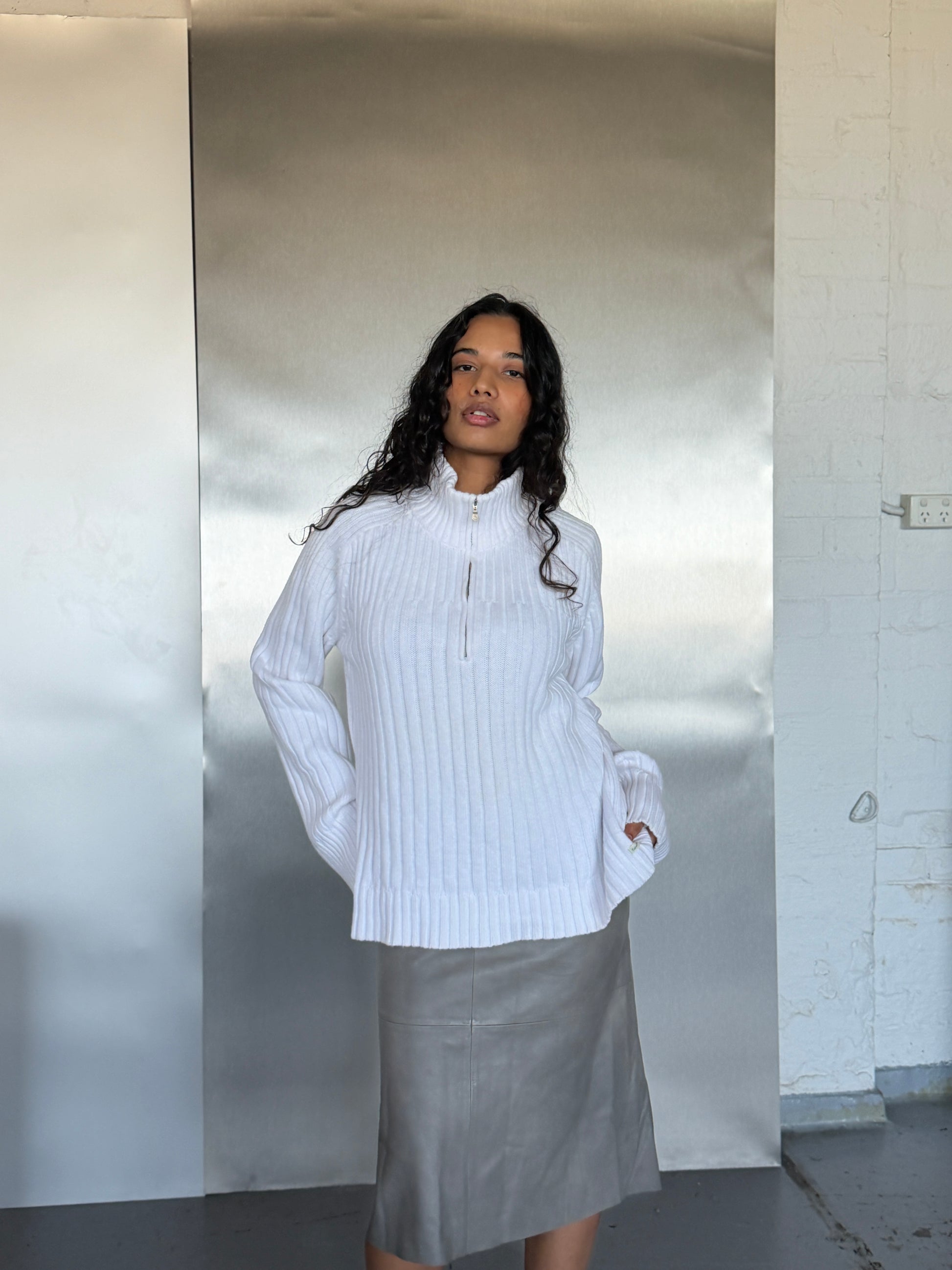 Vintage Calvin Klein White Ribbed Quarter-Zip Sweater (XL/XXL)