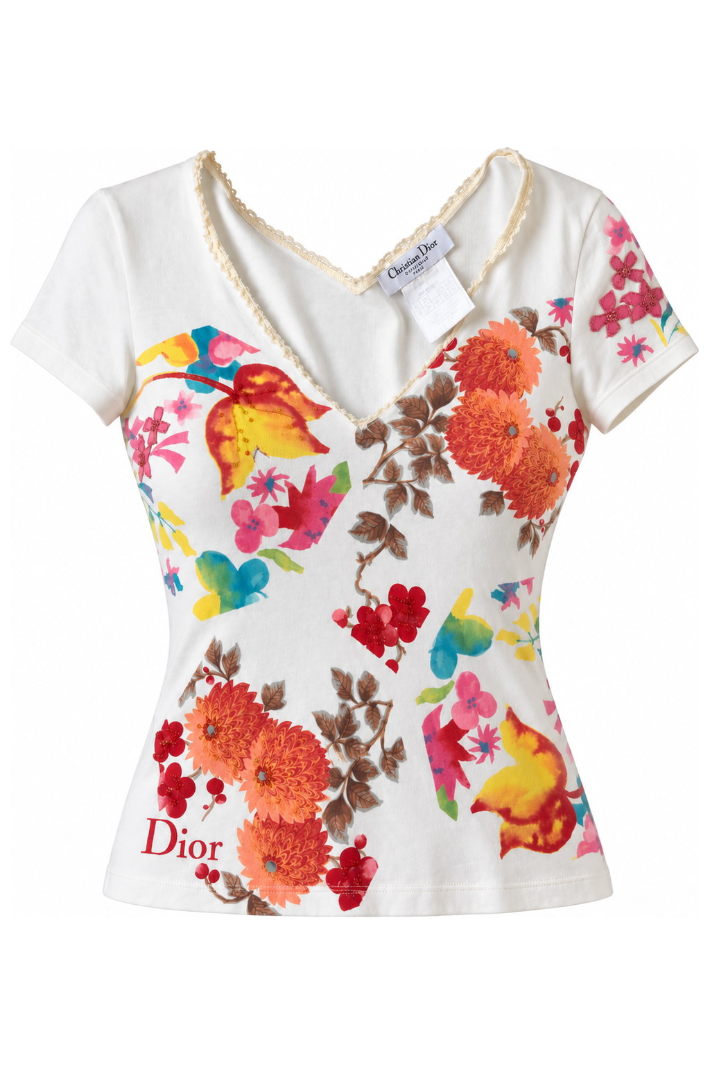 Christian Dior by John Galliano Floral Print Embellished T-Shirt