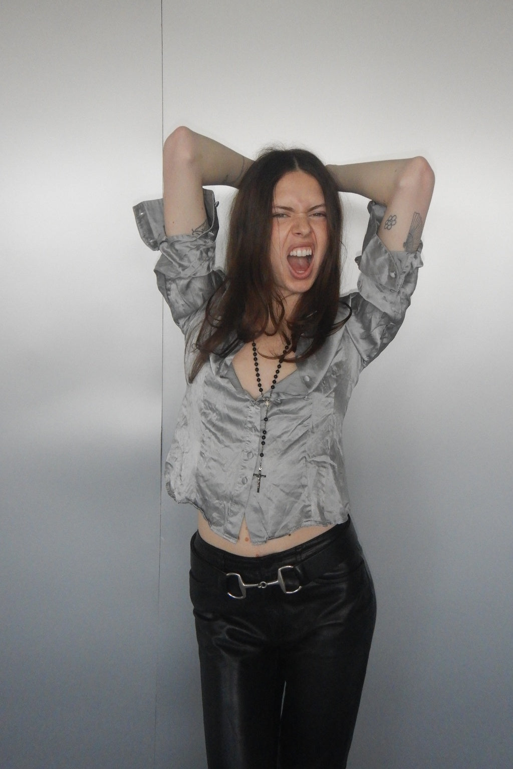 Vintage 90s Silver Grey Silk Satin Blouse (XS)
